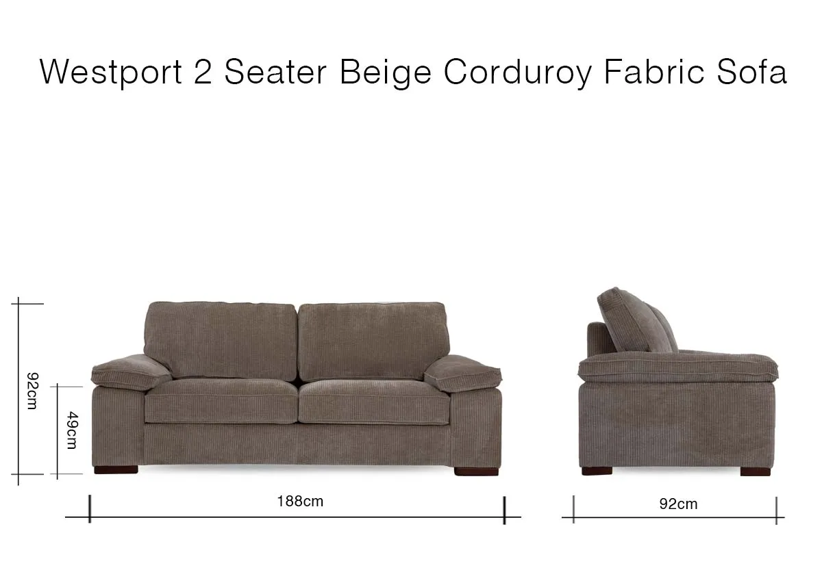 A dimension image of the Westport 2 Seater Beige Sofa with 188cm x 92cm x 92cm