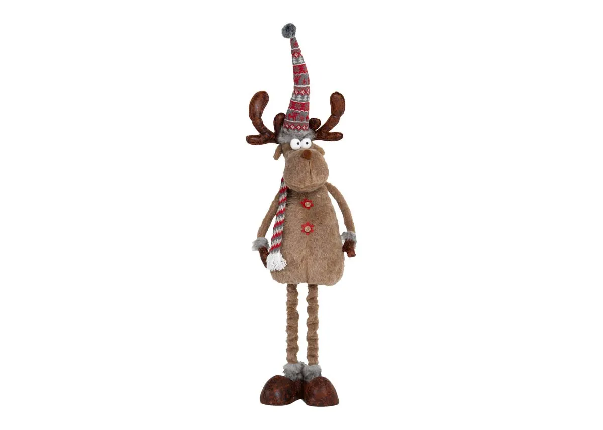 A soft brown reindeer with telescopic legs from EZ Livings Noel range. Front view of reindeer with legs extended.