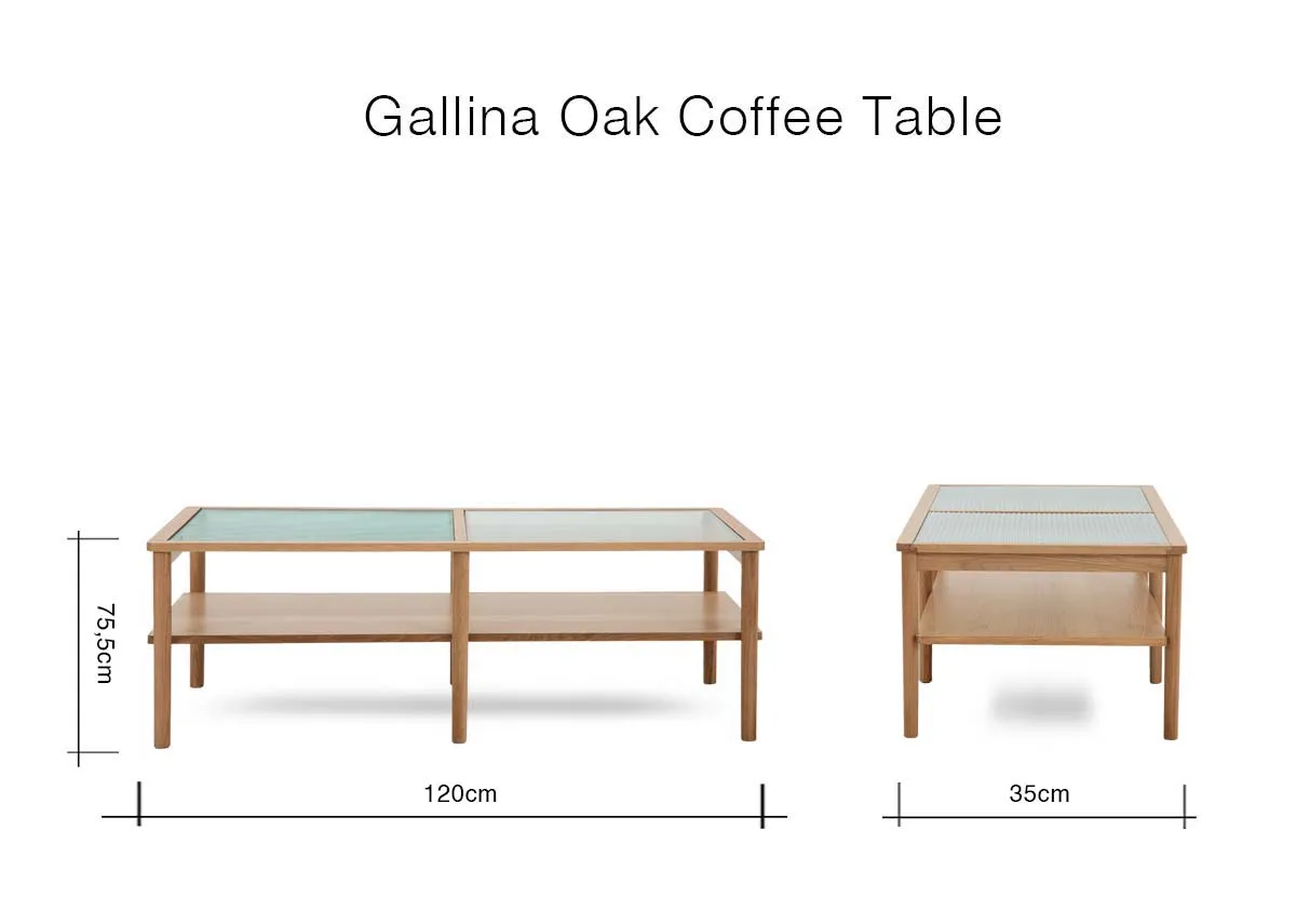 A dimension image of the Gallina Coffee Table with 120cm x 35cm x 75cm