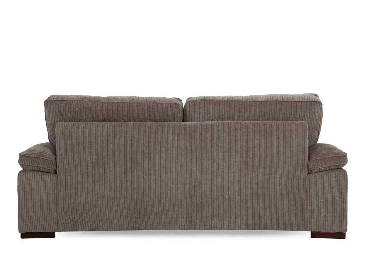 A 3 seater beige sofa in cord fabric from EZ Livings Westport range. Back view of warrantied frame