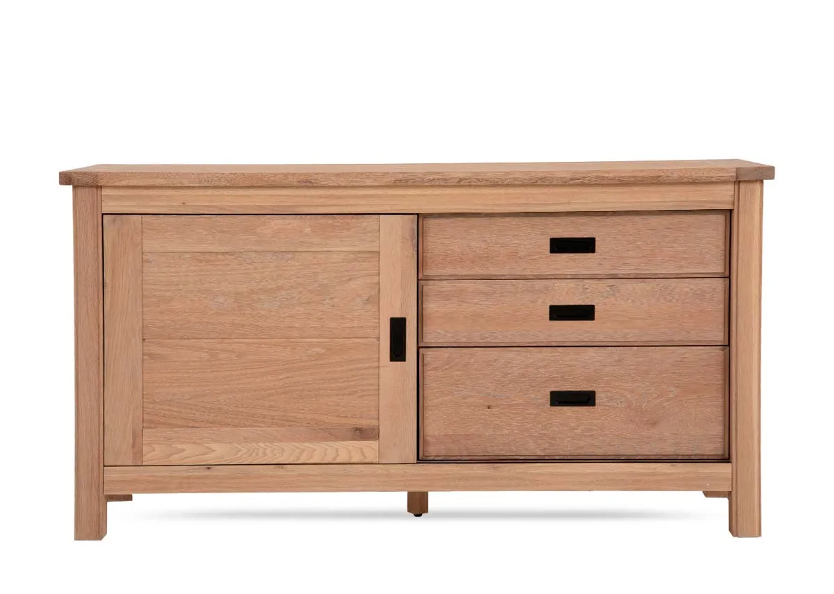 A 2 drawer oak console table with lower shelf from EZ Livings Albany range. Front view of doors closed.