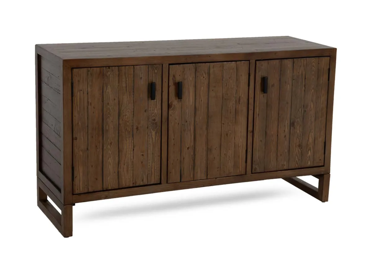 A brown cashew 3 door sideboard from EZ Livings Ladder range. Angled view of the 3 doors with pallet finish.