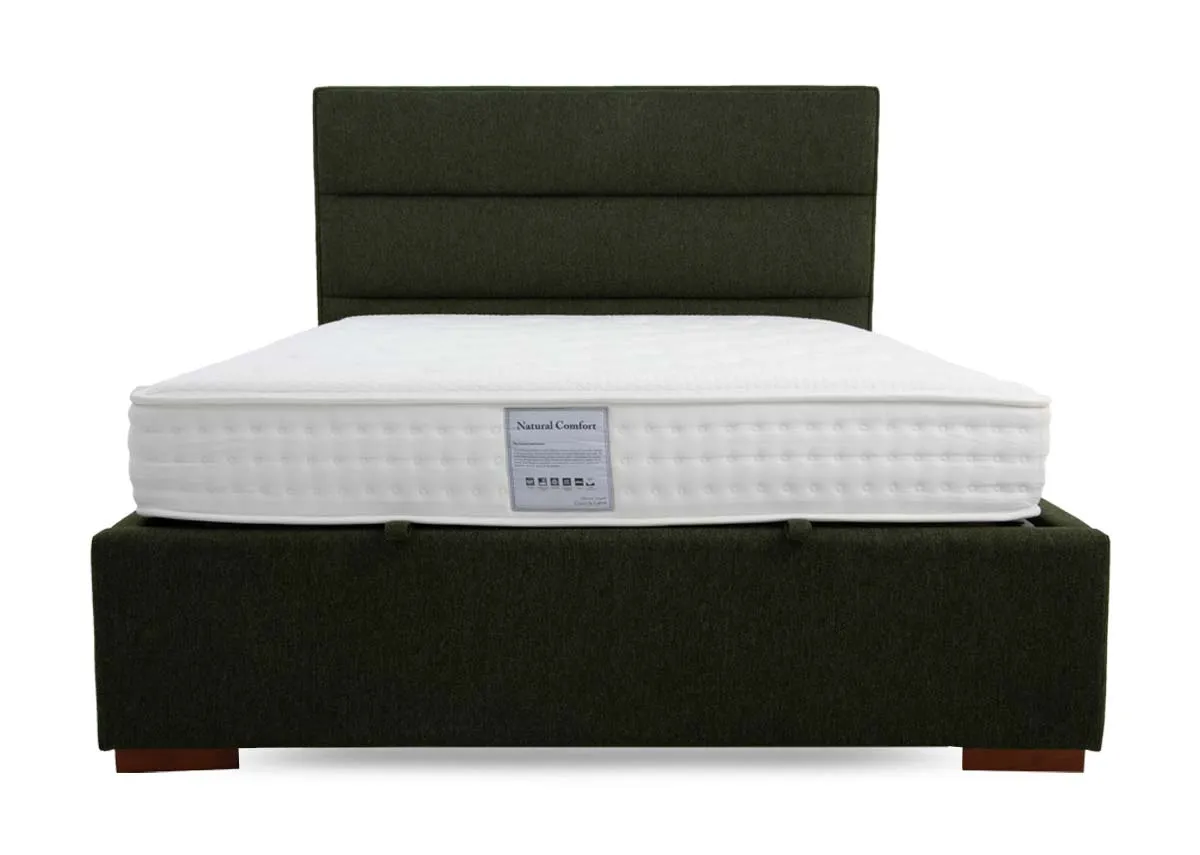 A green fabric ottoman from EZ Livings Ebony range.Front view
