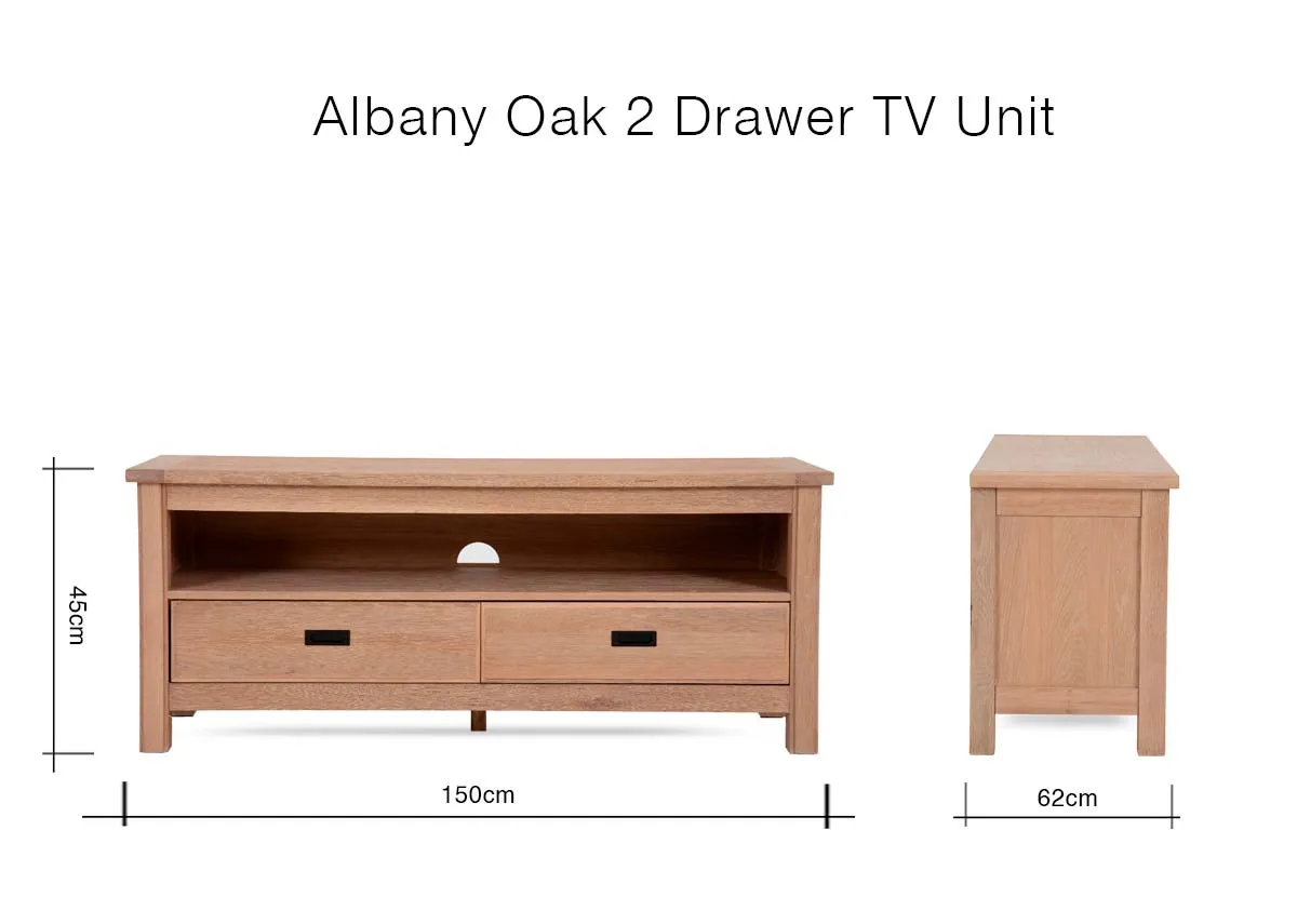 A dimension image of the Albany TV unit with 150cm x 62cm x 45cm 