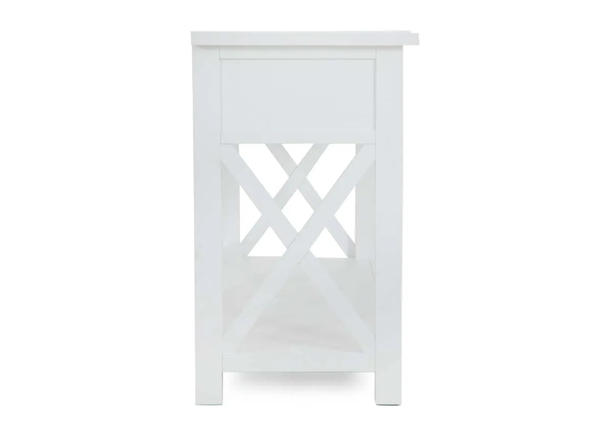 A white console table with 2 drawers from EZ Livings Hampton range. Front view of gold handles and x detail on back and sides.