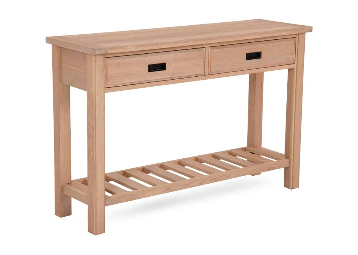 A 2 drawer oak console table with lower shelf from EZ Livings Albany range. Angled view of ladder shelf.