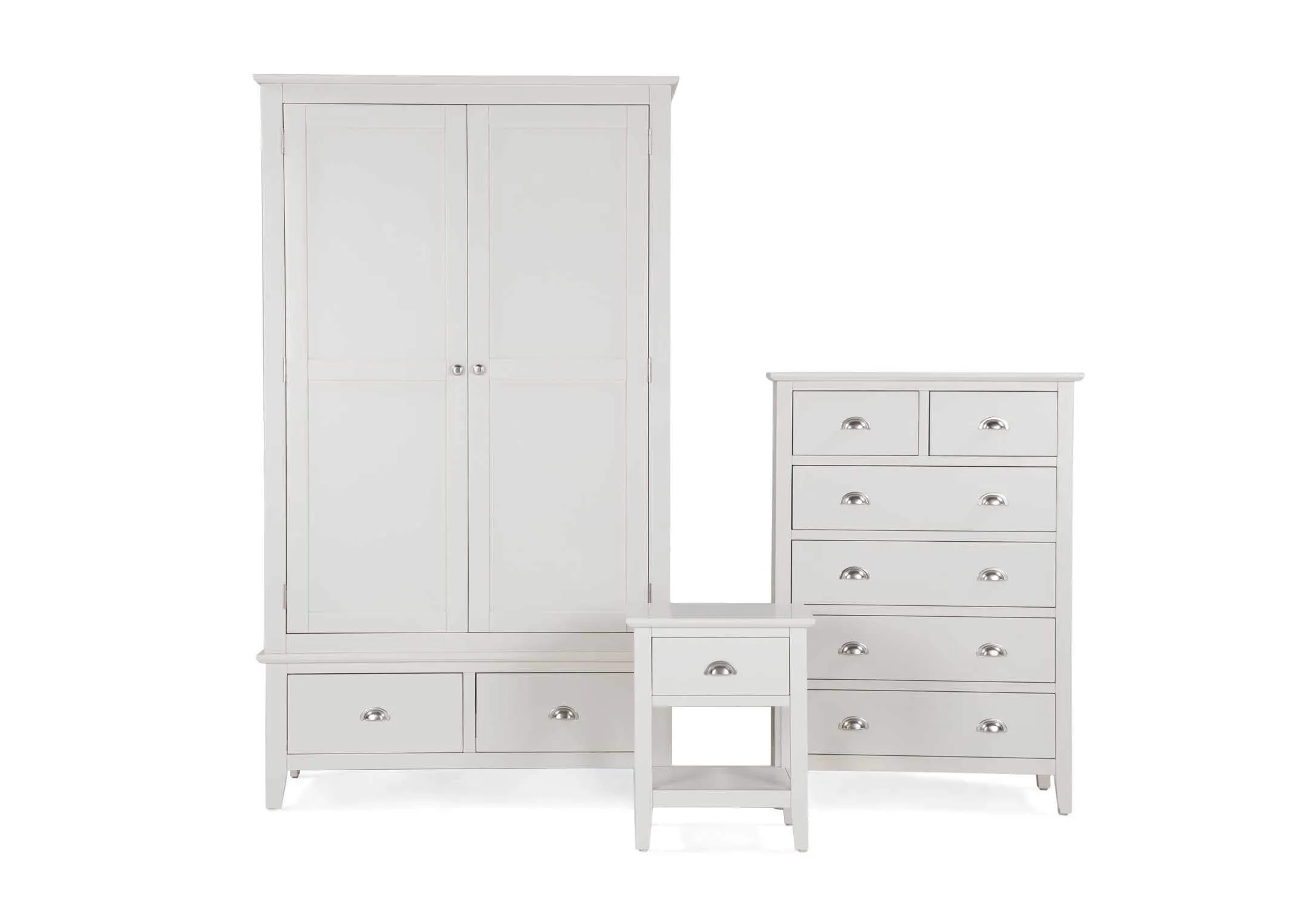 View of one-drawer grey bedside locker with bottom shelf Maine accompanied by other furniture from the same collection