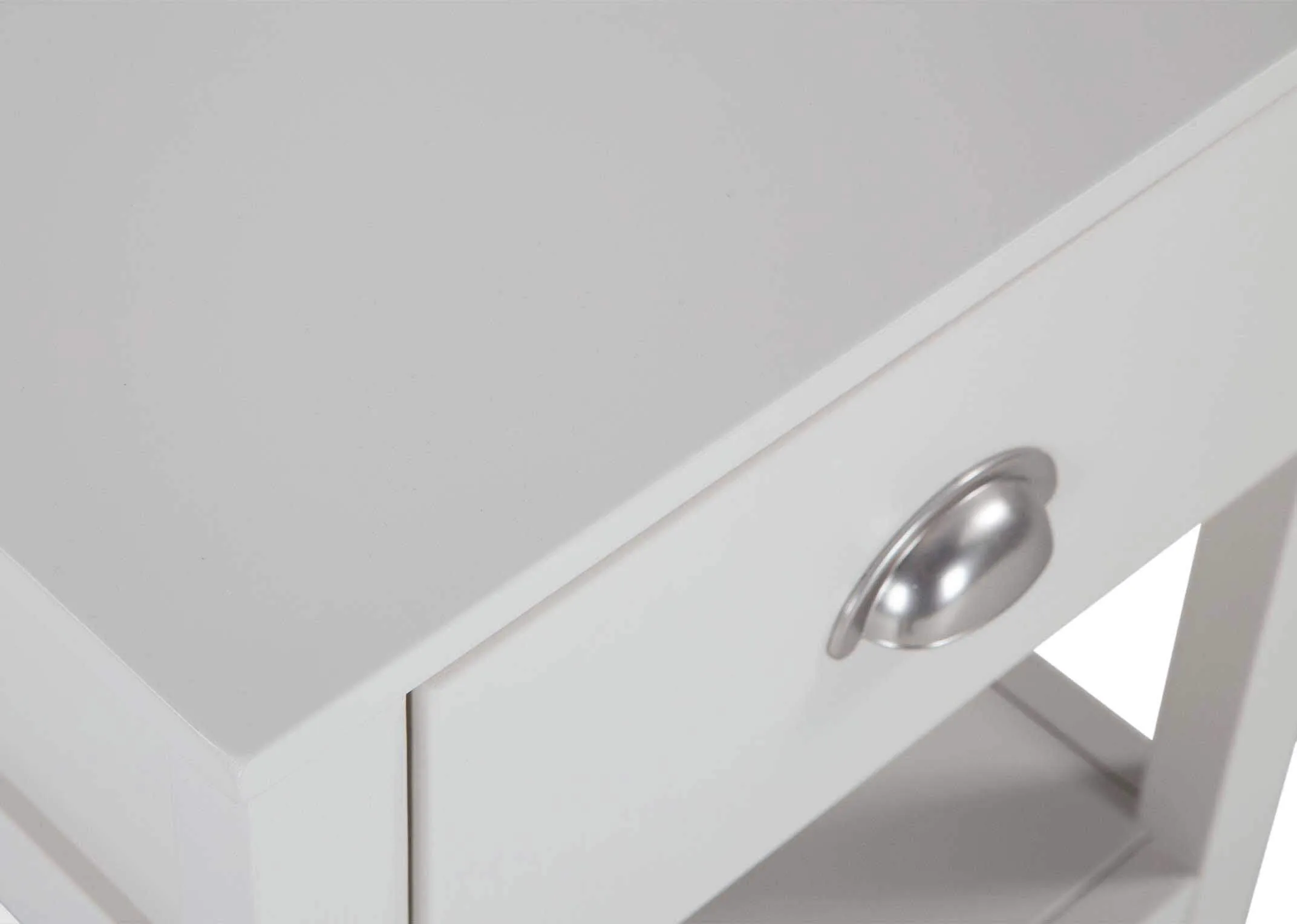 Detailed view of top of one-drawer grey bedside locker with bottom shelf Maine