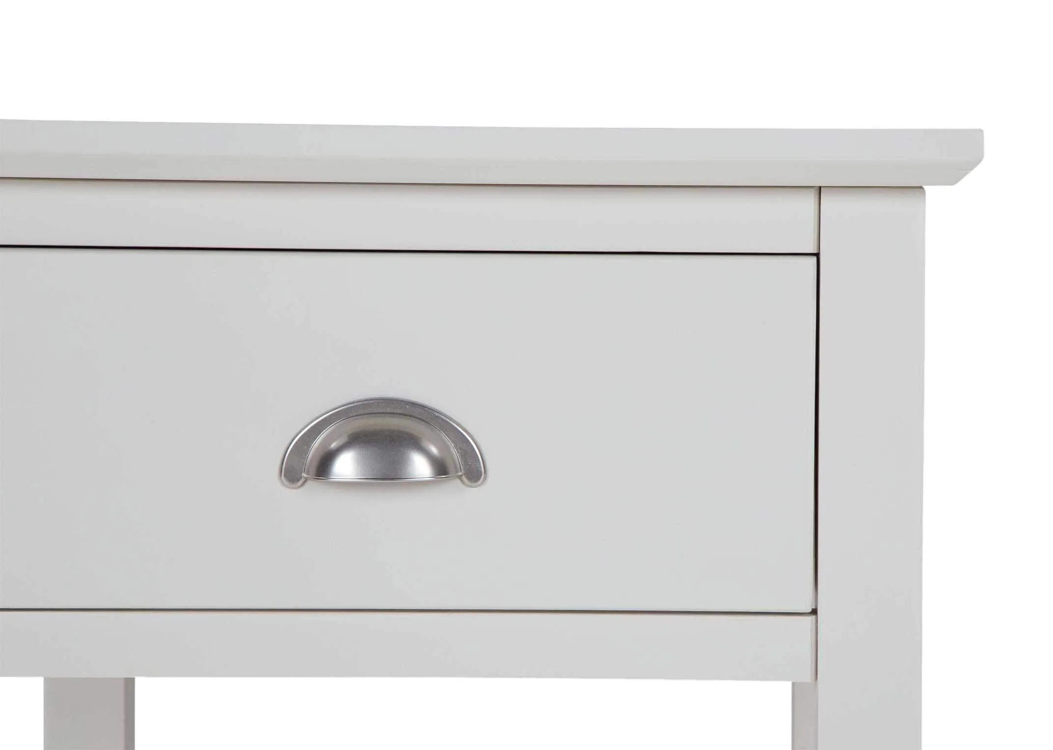Detailed view of front of one-drawer grey bedside locker with bottom shelf Maine