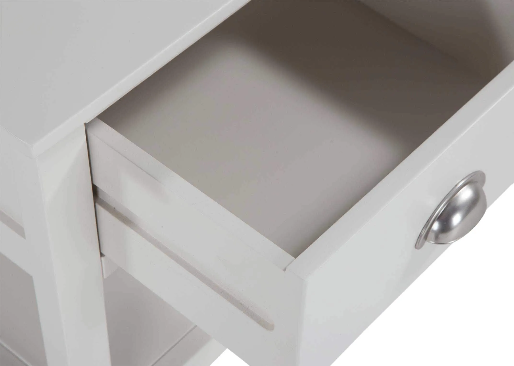 Detailed view of drawer and its interior of one-drawer grey bedside locker with bottom shelf Maine