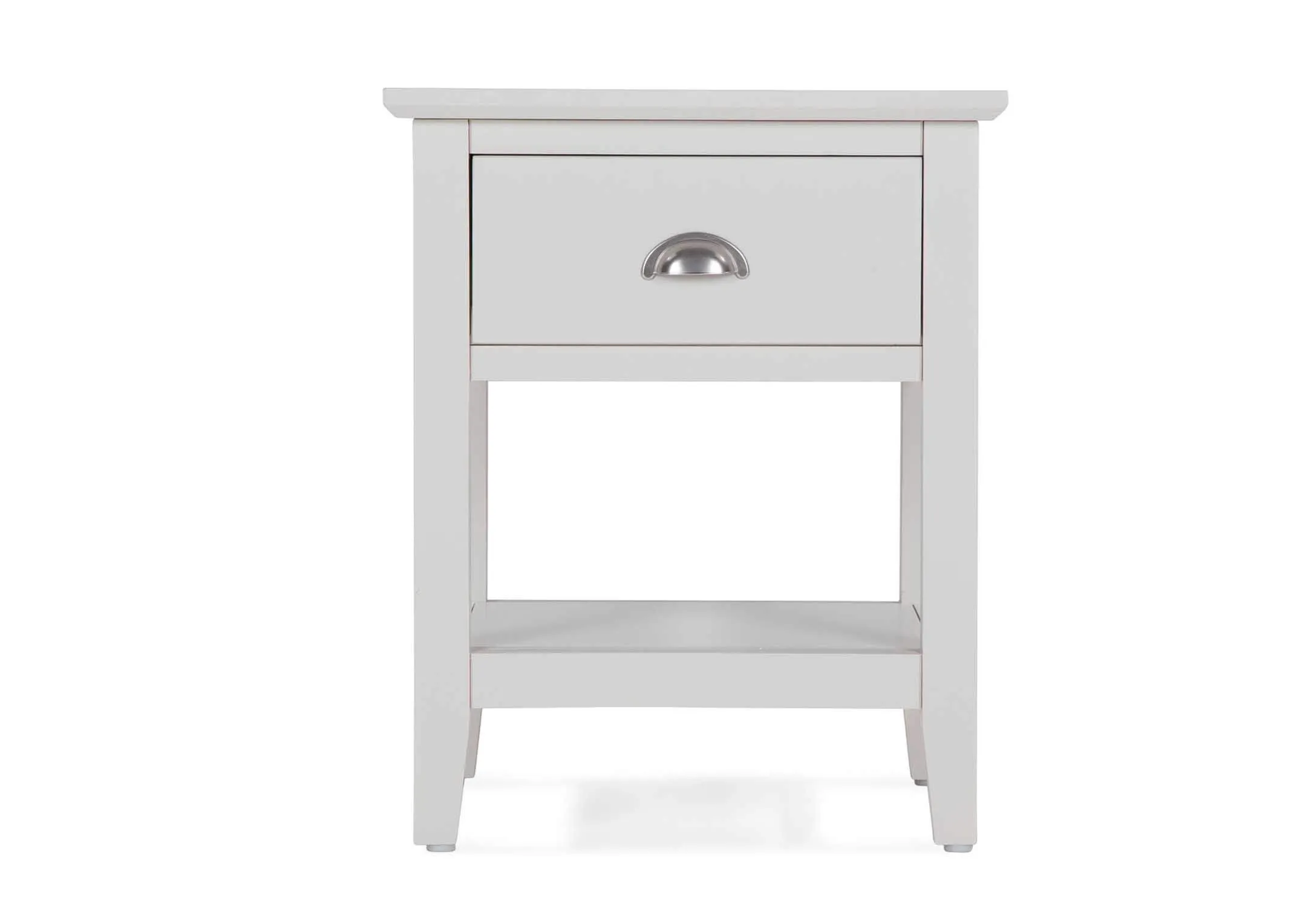 Front view of one-drawer grey bedside locker with bottom shelf Maine