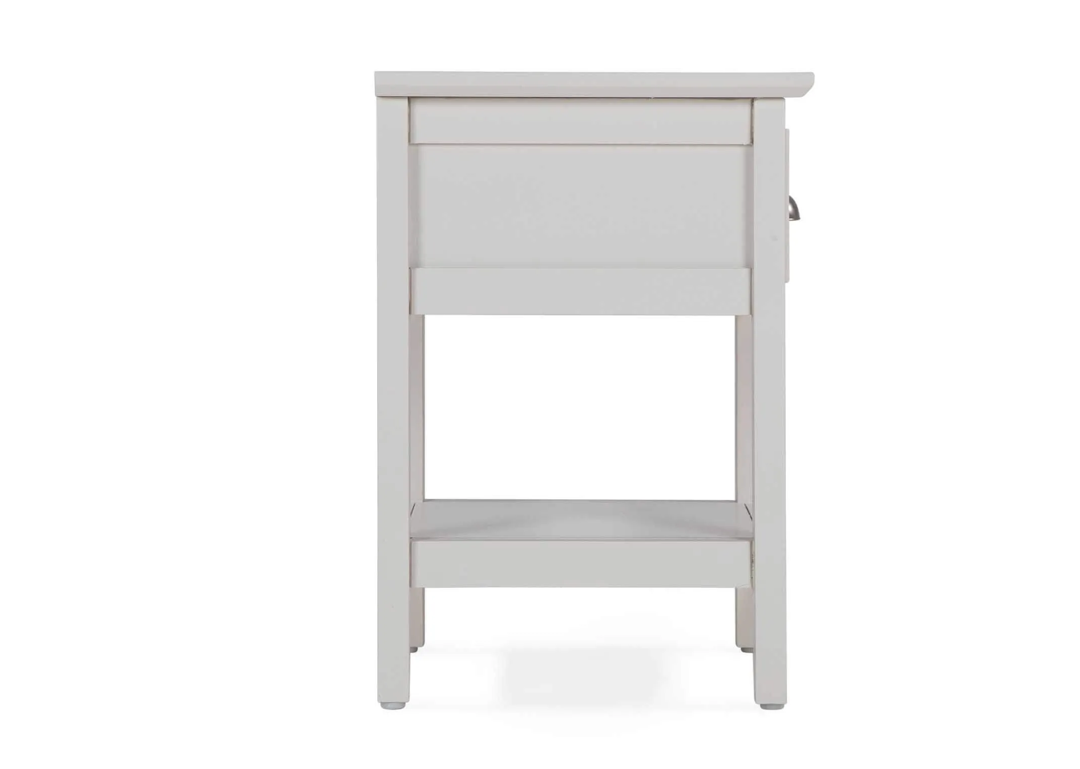 Side view of one-drawer grey bedside locker with bottom shelf Maine