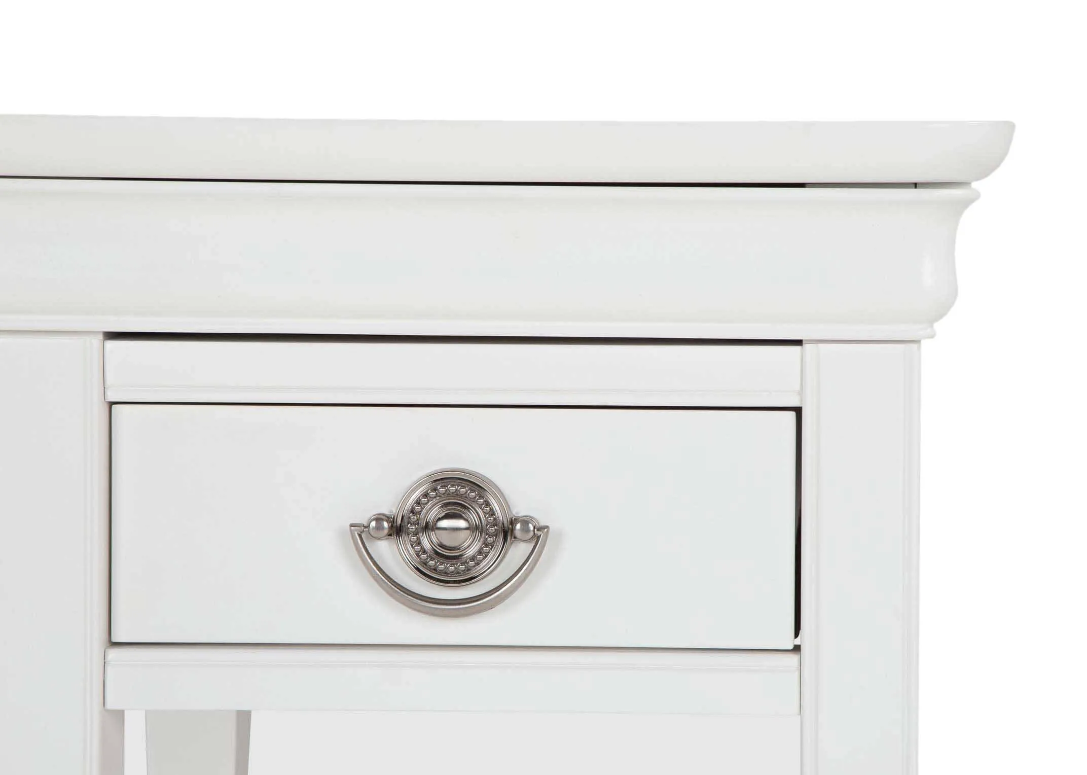 Dimension shot of one drawer white bedside locker chantilly with 63 cm (height) x 48 cm (width) x 39cm (depth).