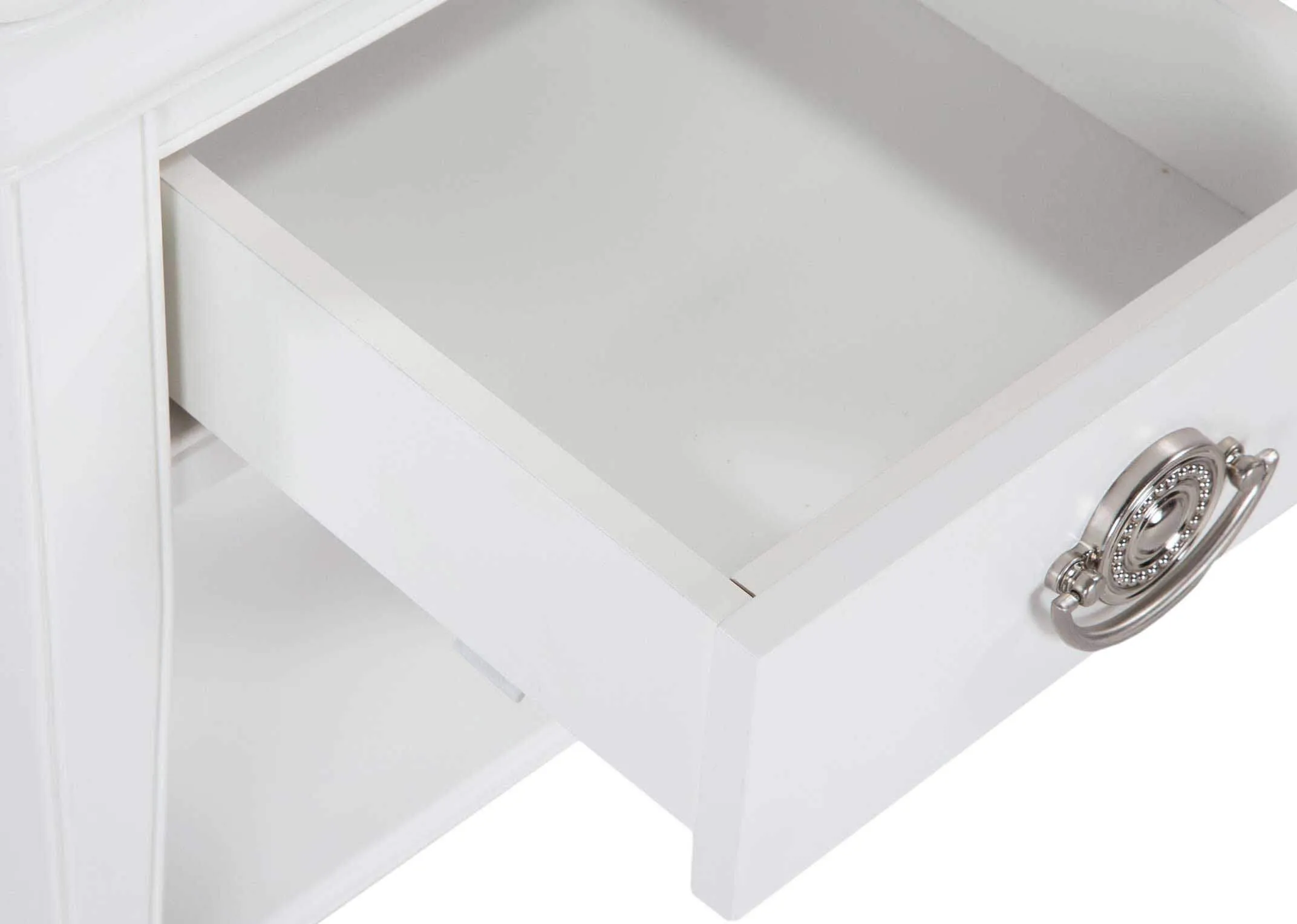 Detailed view of top of one-drawer white bedside locker with bottom shelf Chantilly