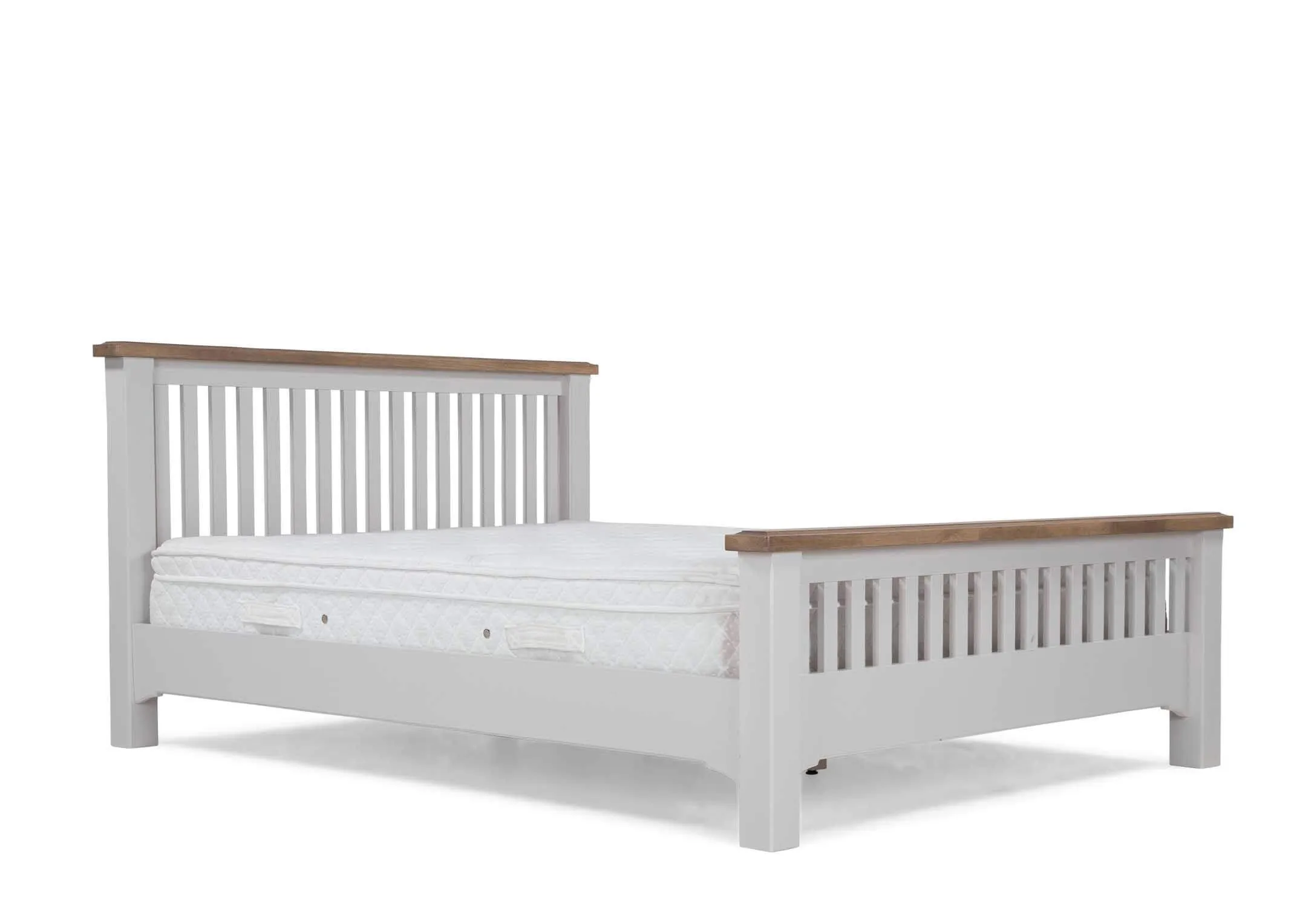 View of front and side of double 4 feet 6 inch grey oak bed frame with light brown ending Georgia