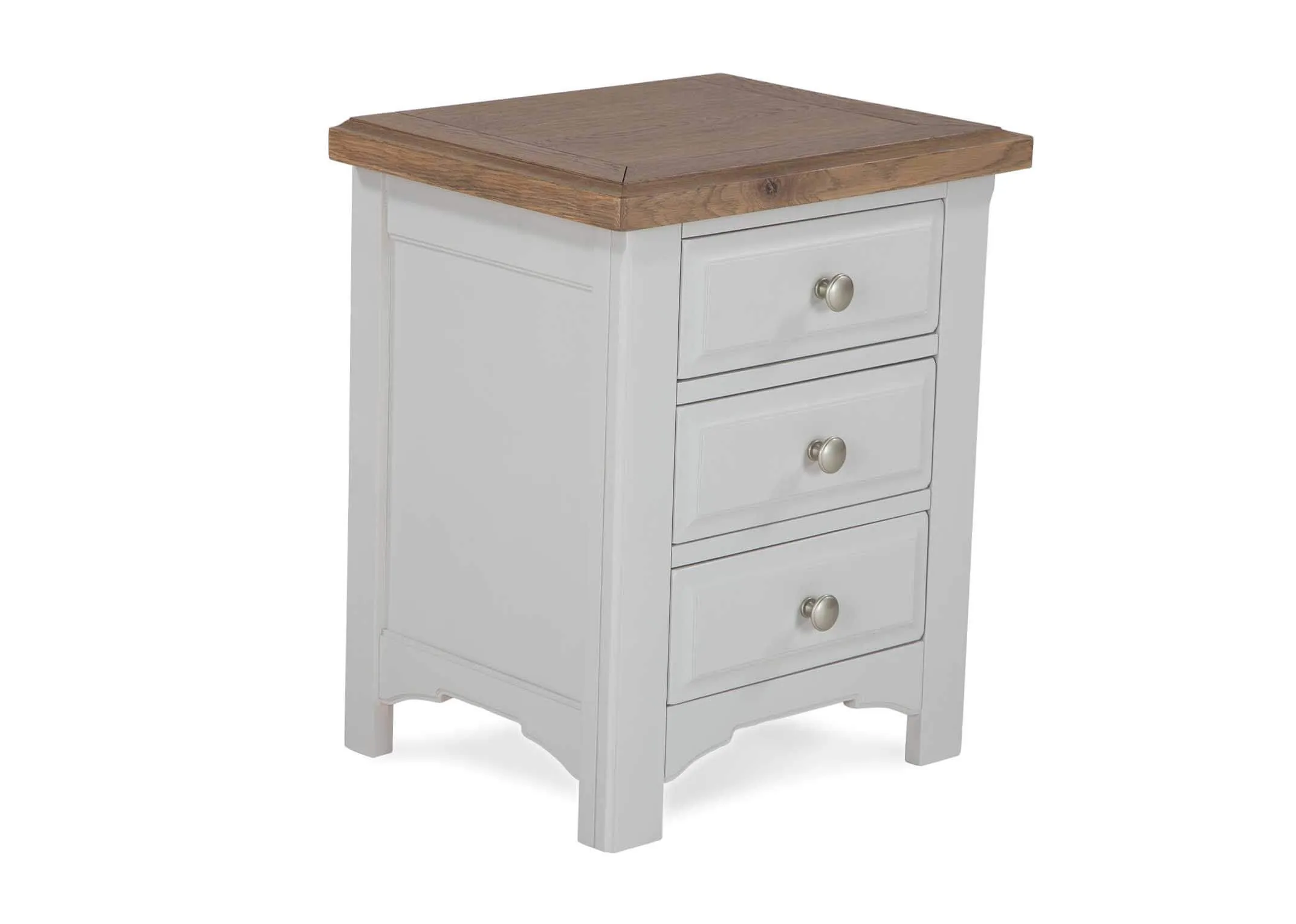 Angled shot of three-drawer grey oak bedside locker with light-coloured wooden top Georgia