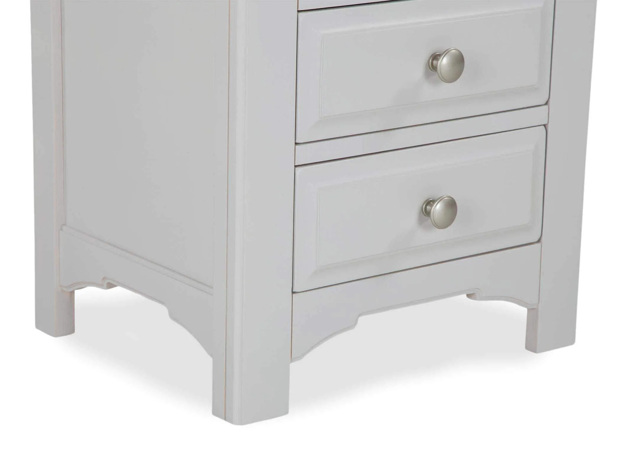 Detailed view of legs of three-drawer grey oak bedside locker with light-coloured wooden top Georgia