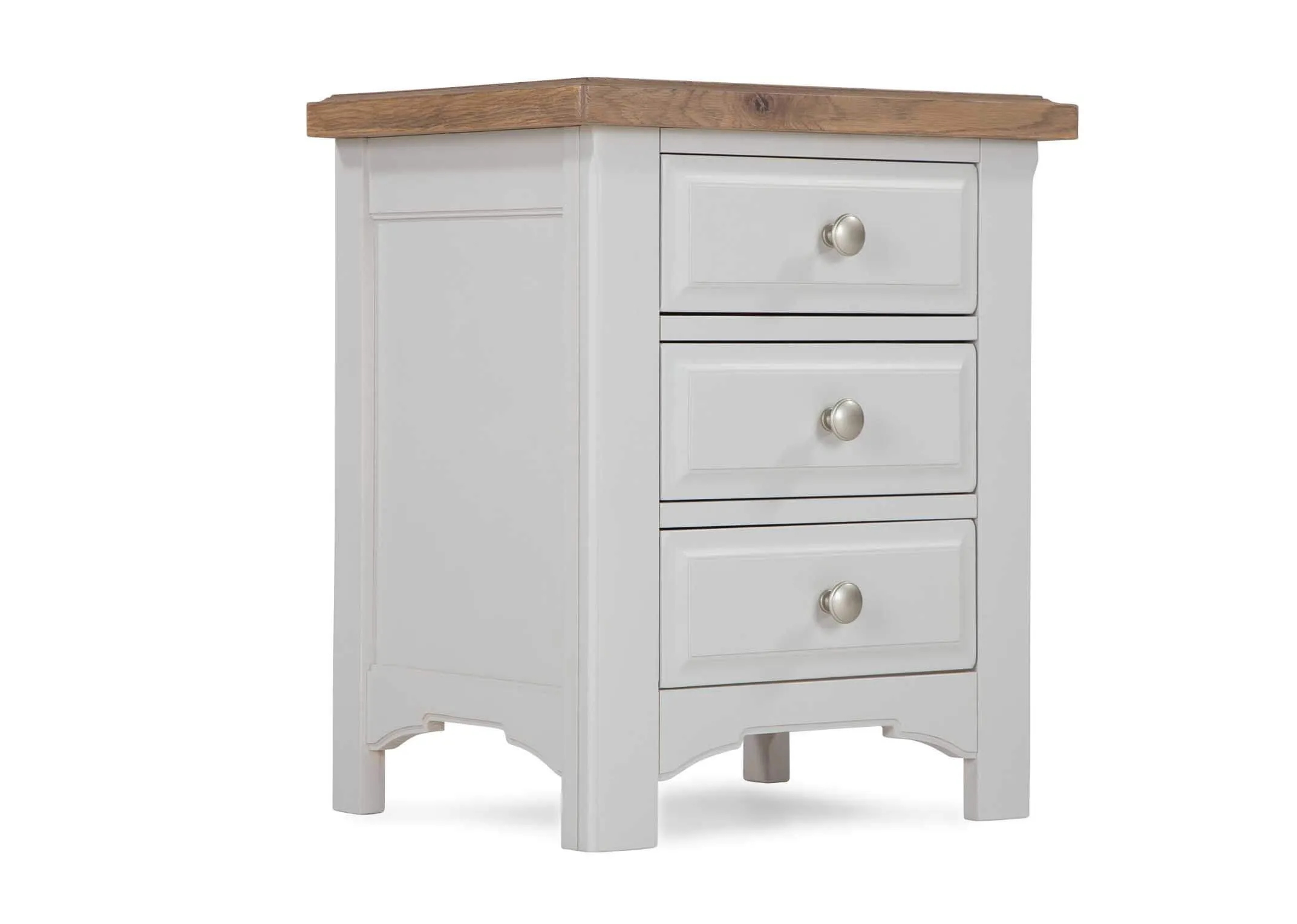 View of front and side of three-drawer grey oak bedside locker with light-coloured wooden top Georgia