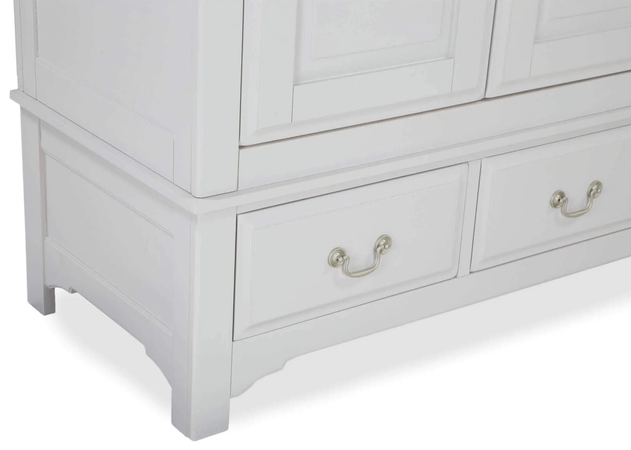 View of front and side of three-door three-drawer grey oak wardrobe Georgia