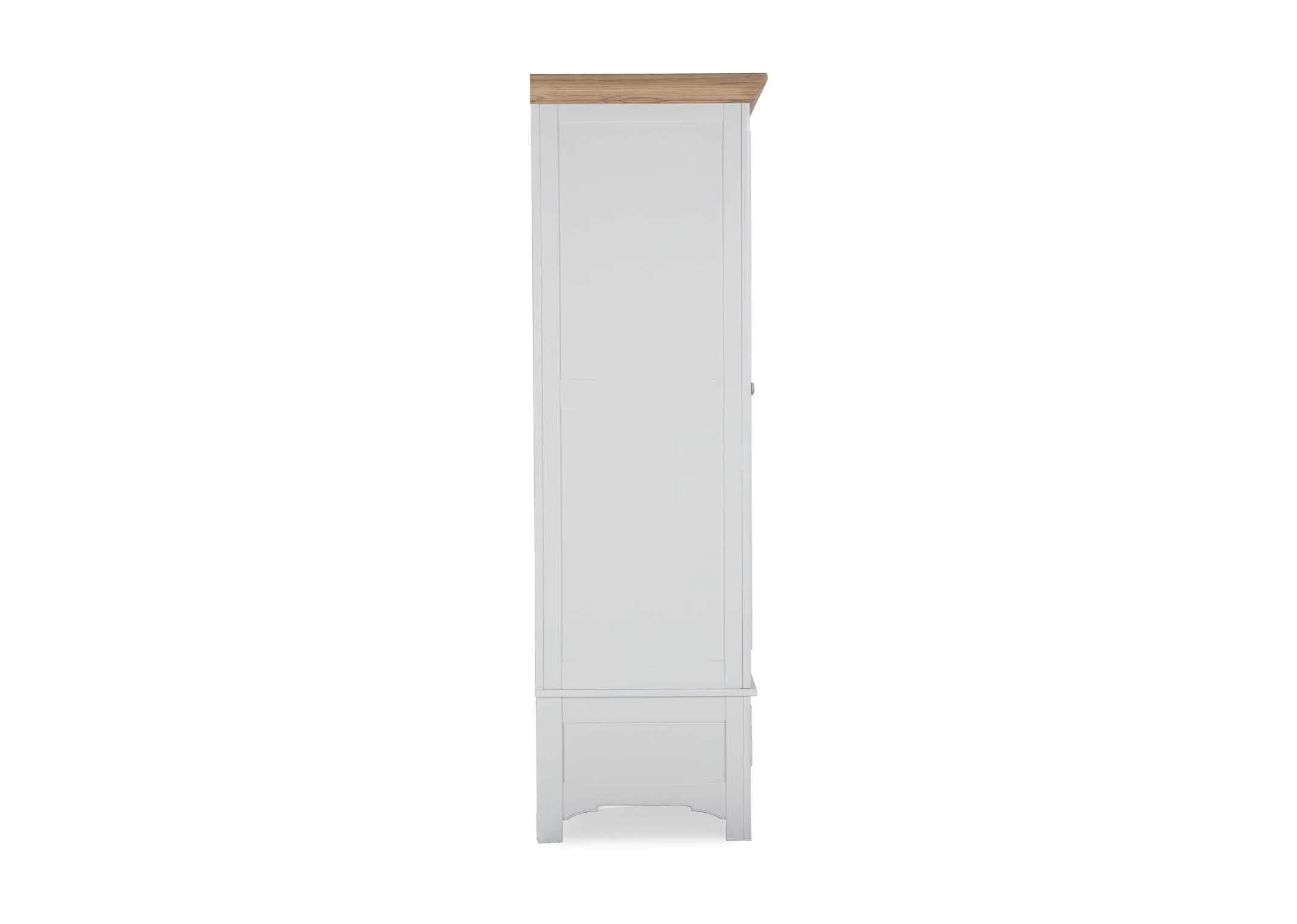 Detailed view of interior of three-door three-drawer grey oak wardrobe Georgia