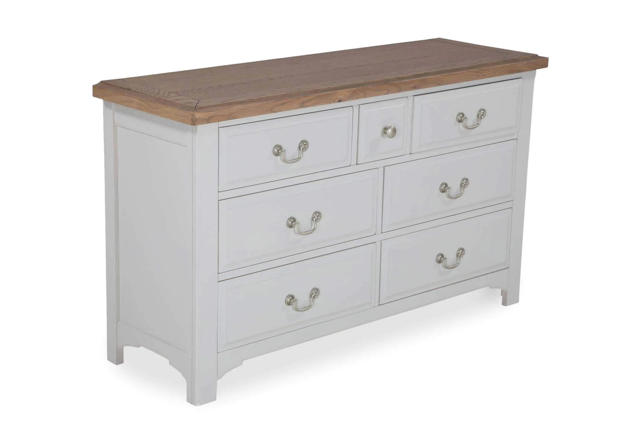 Angled view from corner and at slight elevation of the 3 over 4 drawer grey oak Georgia wide chest