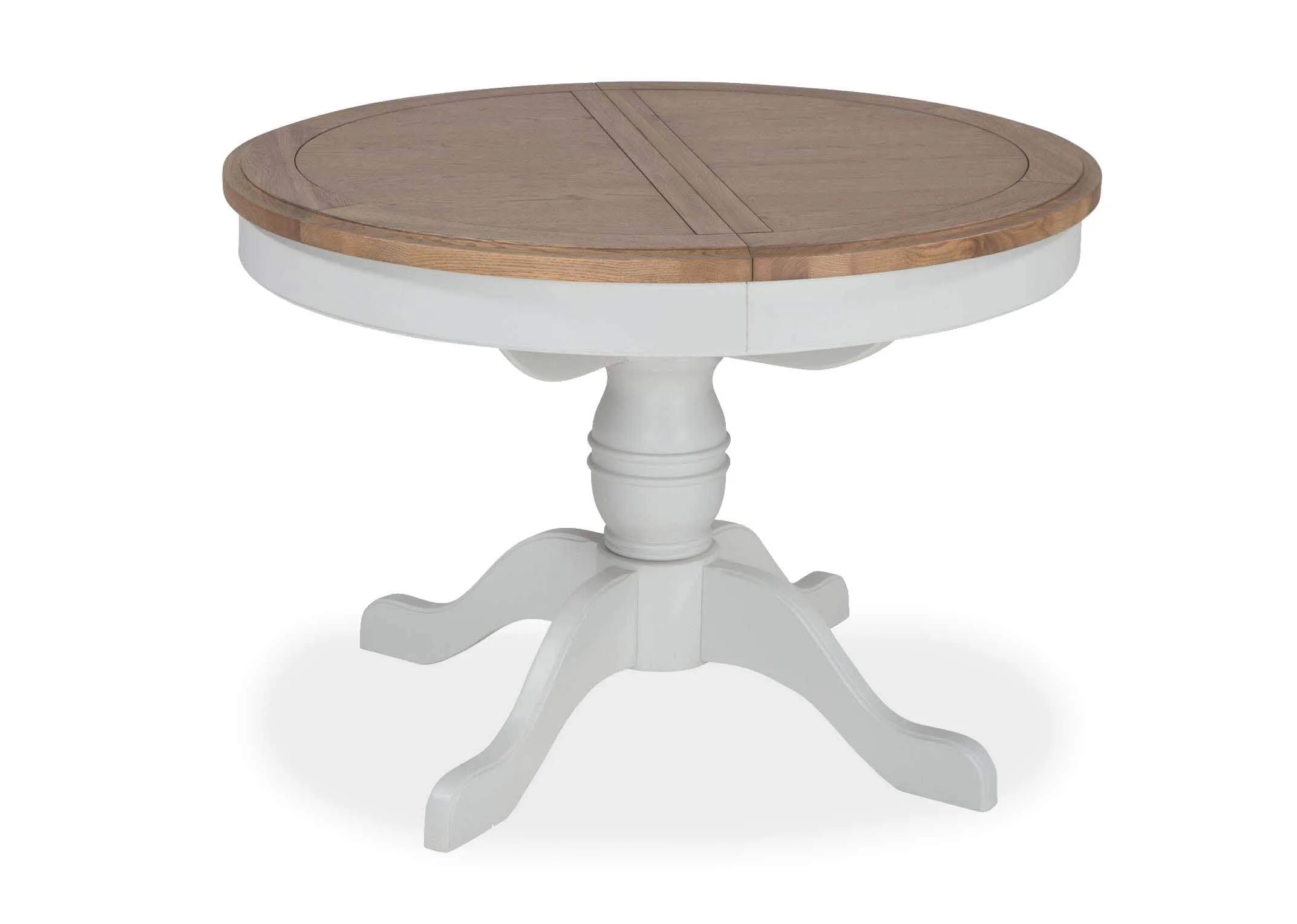 Angled view of the  grey oak extendable Georgia dining table with natural oak top