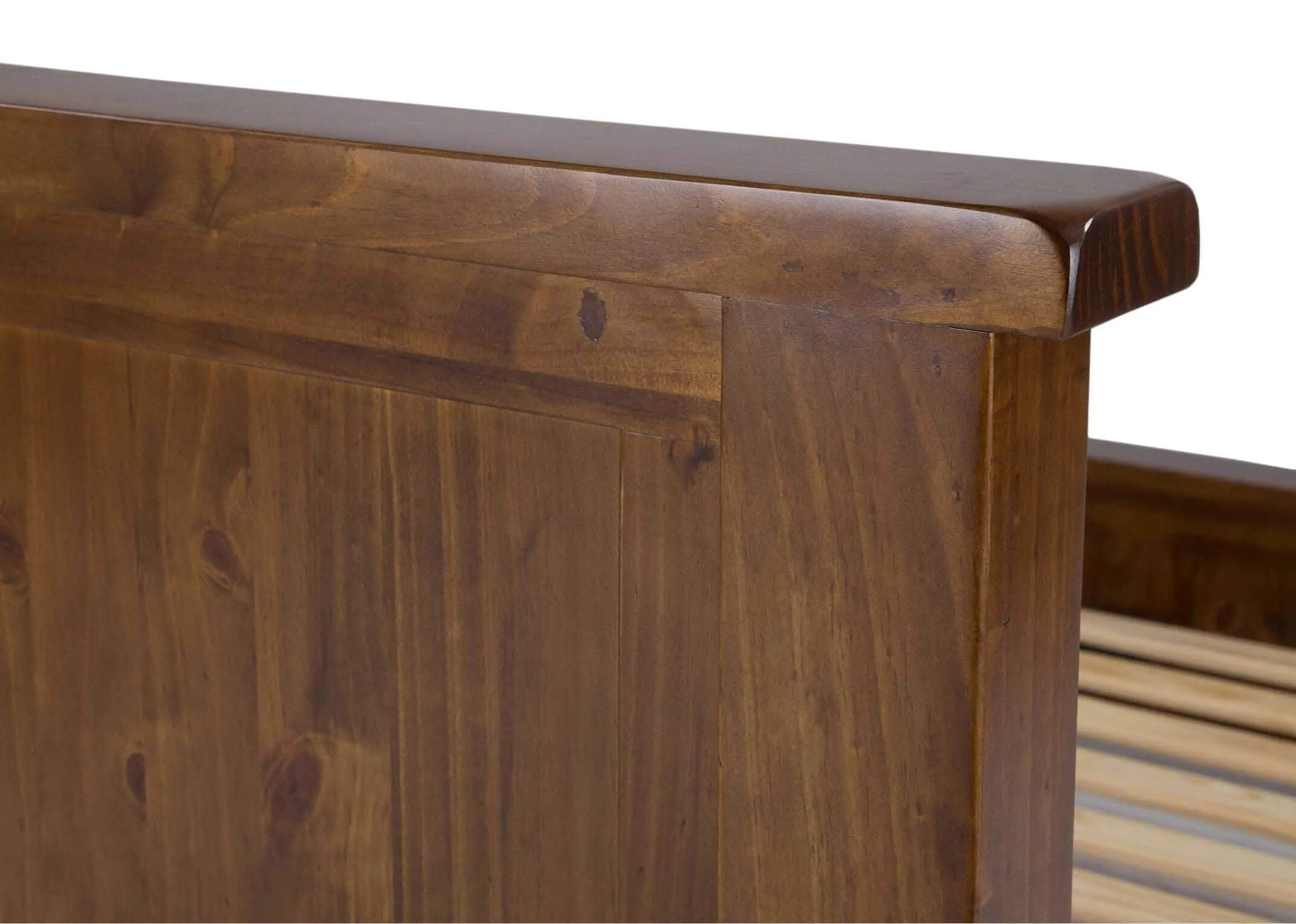 Detailed view of back of headboard of king-size 5 feet solid dark gloss wood bed frame Aisling