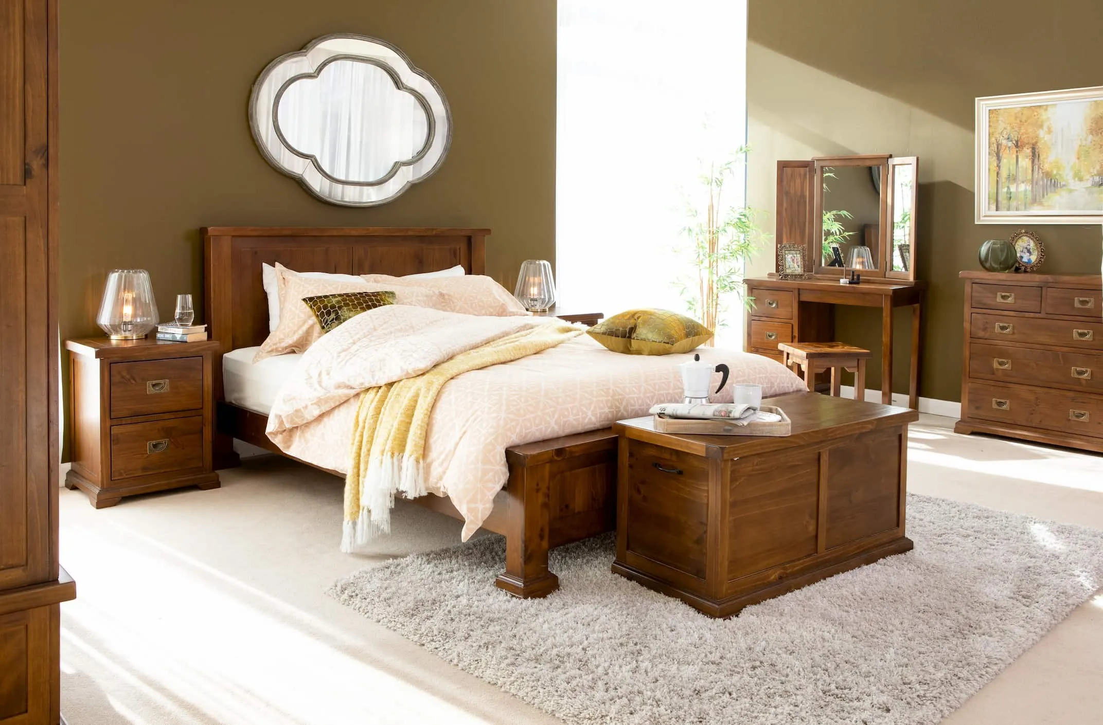 A lifestyle image of the Aisling Bedframe with the bedroom range at EZ living Furniture