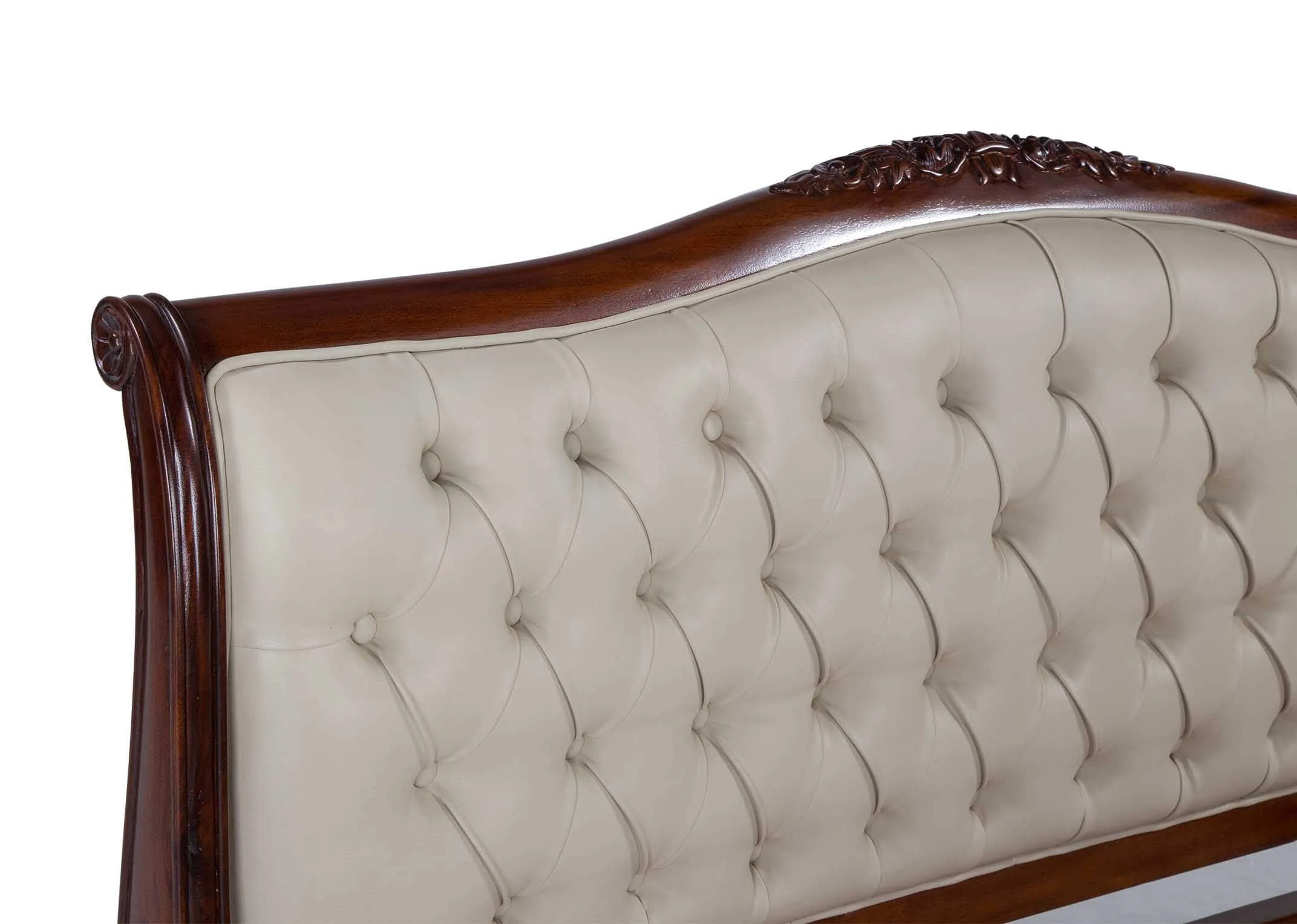 Detailed close-up of the Lyon super king mahogany and cream leather bedframe showing the leather button detailed headboard