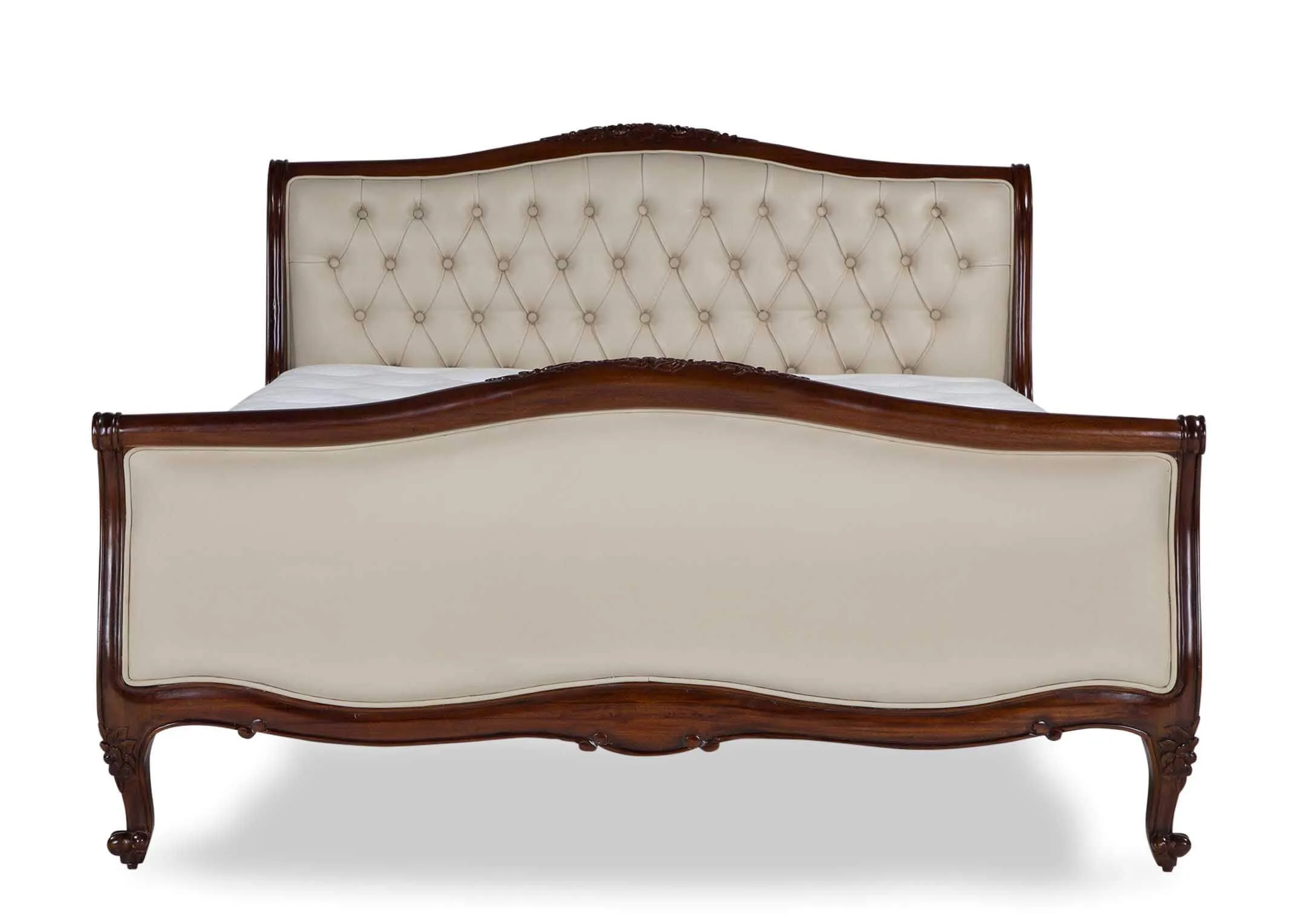 Full front view of the Lyon two-tone super king size 6 ft mahogany wood and cream leather bedframe with curved feet