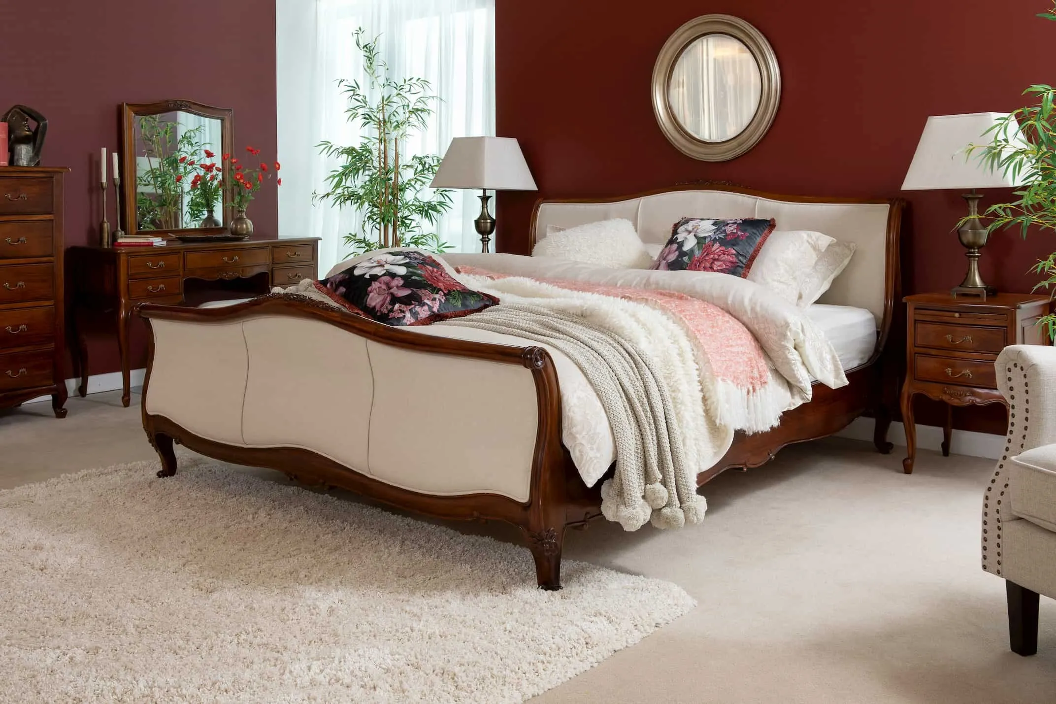 King Size (5 ft) Mahogany Wood and Cream Leather Bed Frame - Lyon