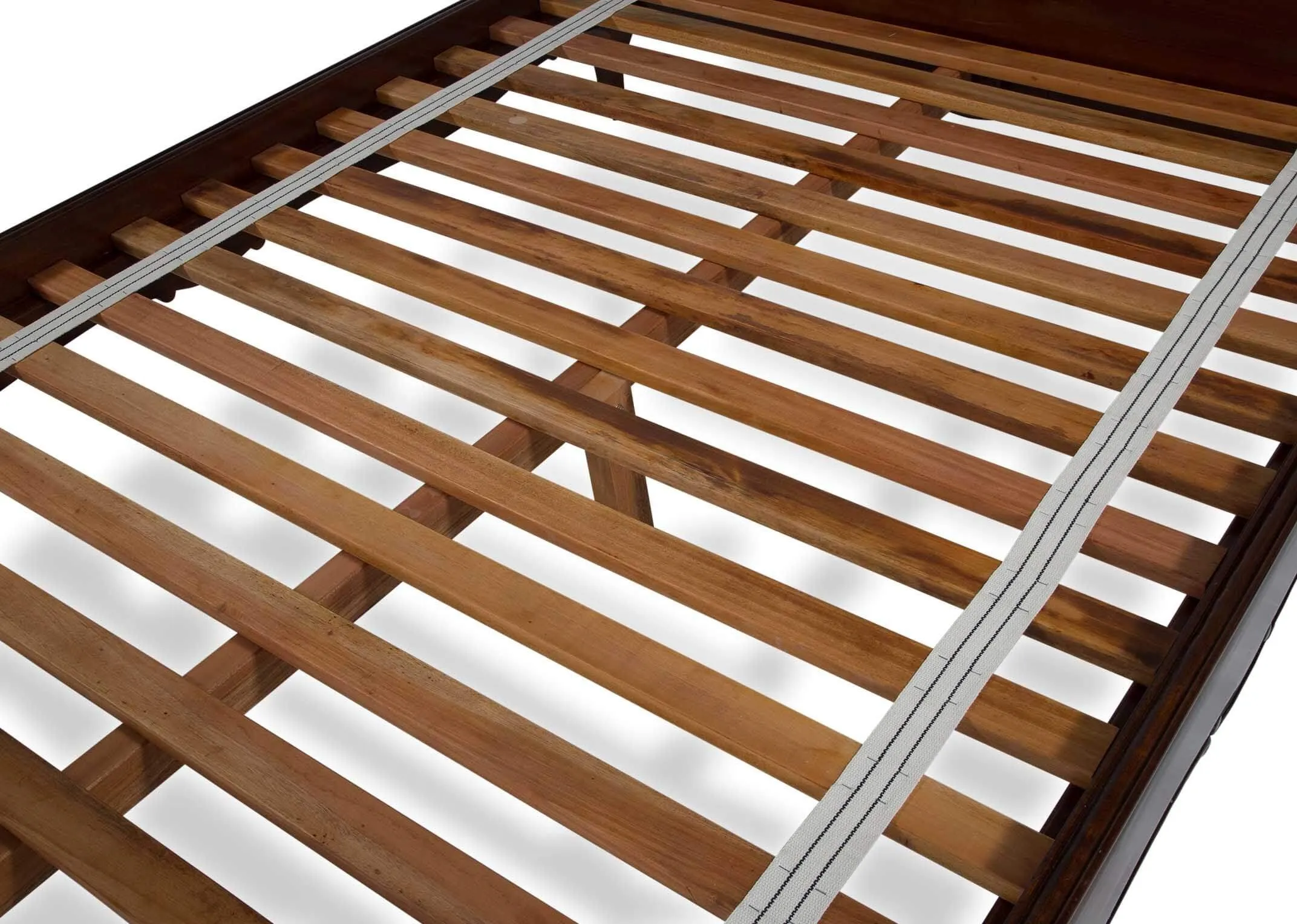 View of slats of the Lyon two-tone king size mahogany wood and cream leather bedframe with curved feet