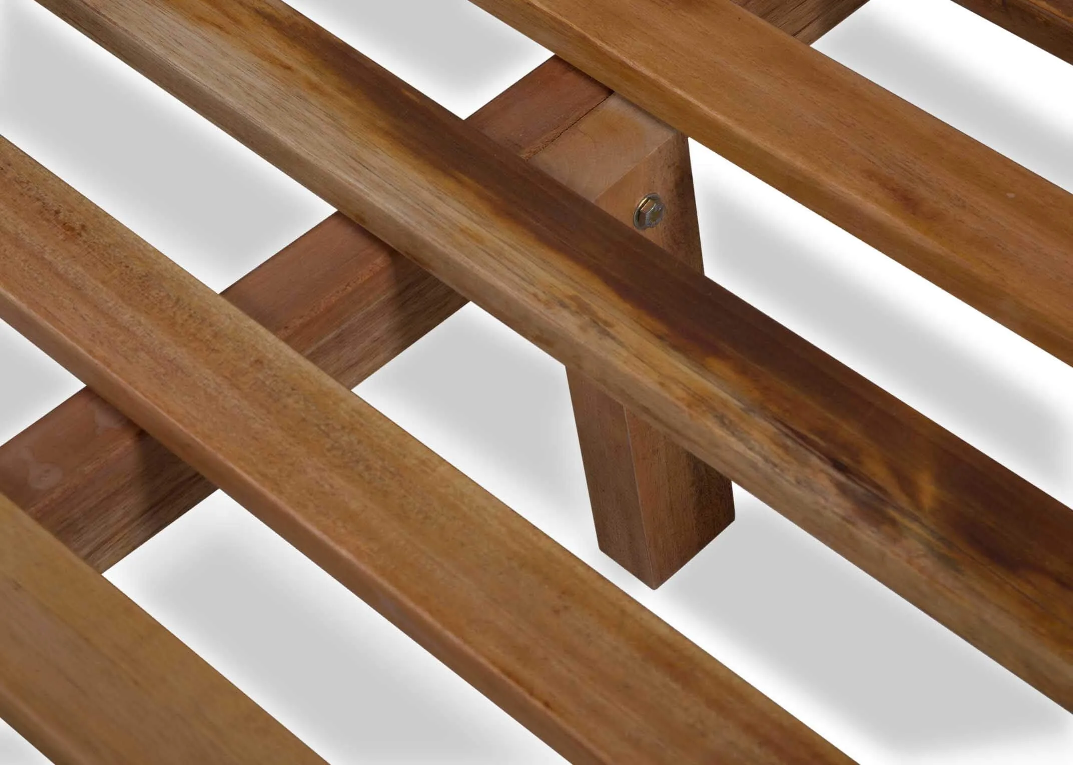 Detailed view of slats of the Lyon two-tone king size mahogany wood and cream leather bedframe with curved feet