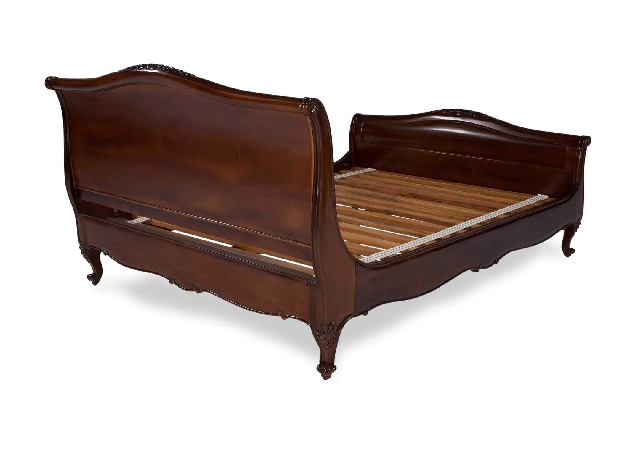 Back view of the Lyon two-tone king size mahogany wood and cream leather bedframe with curved feet