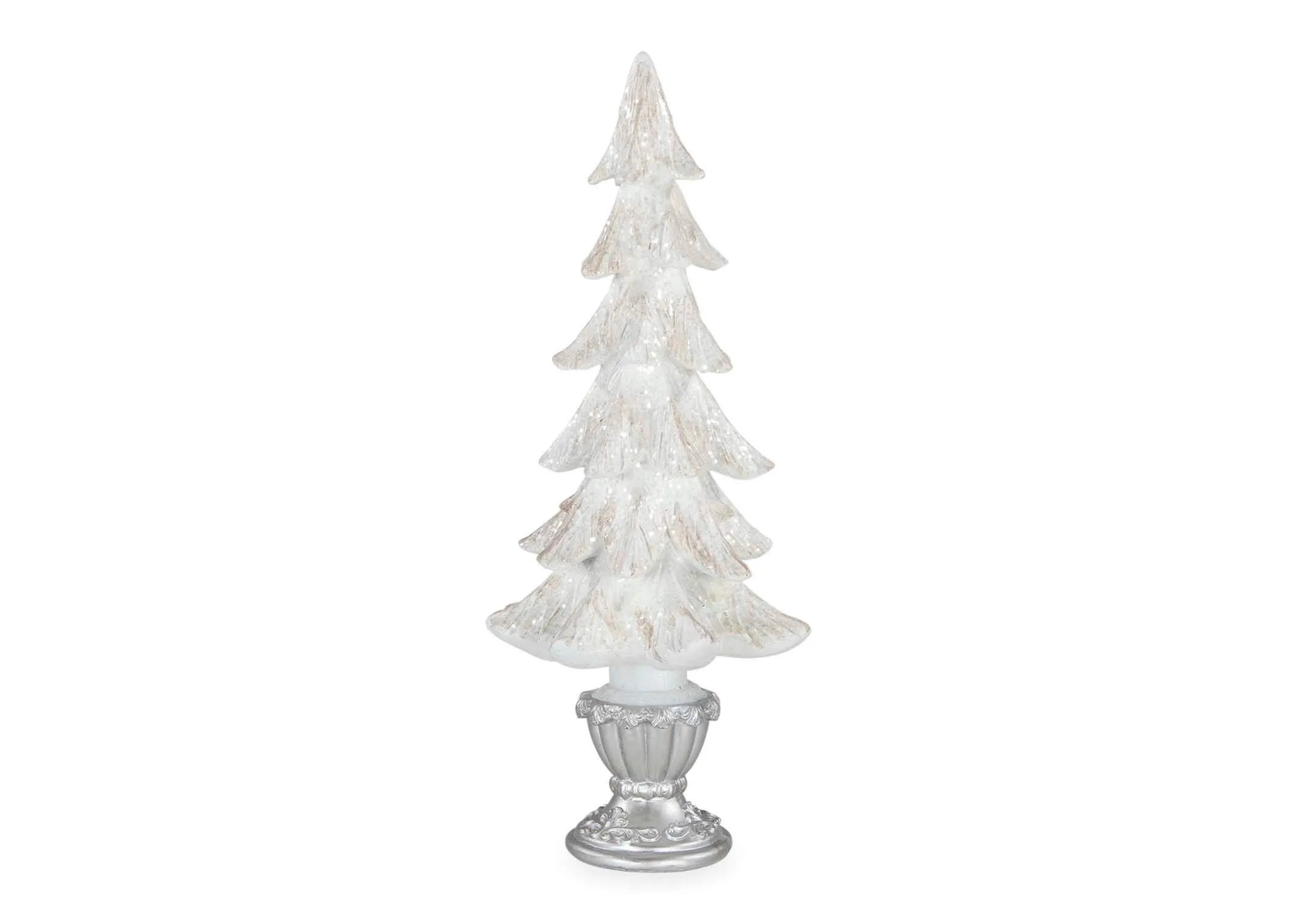 A front view of Small White Xmas Tree with white leaves on the silver stand.