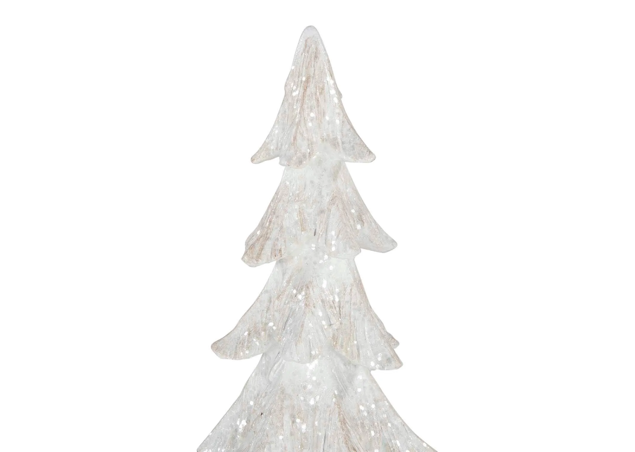A close up bottom view of Small White Xmas Tree highlighting the silver stand of the tree.