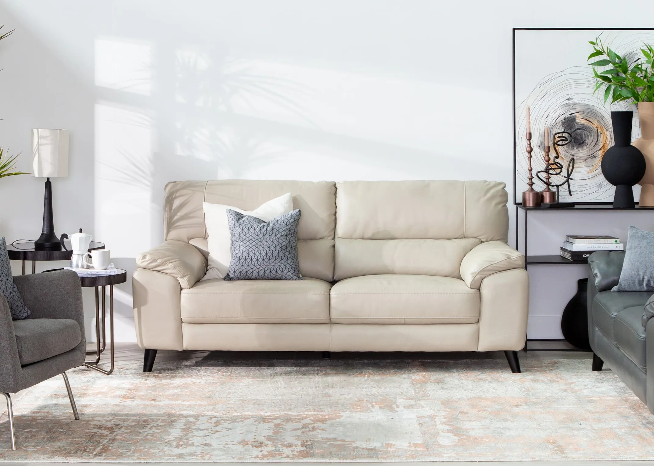 Light Grey Leather 2 Seater Sofa - Alfredo