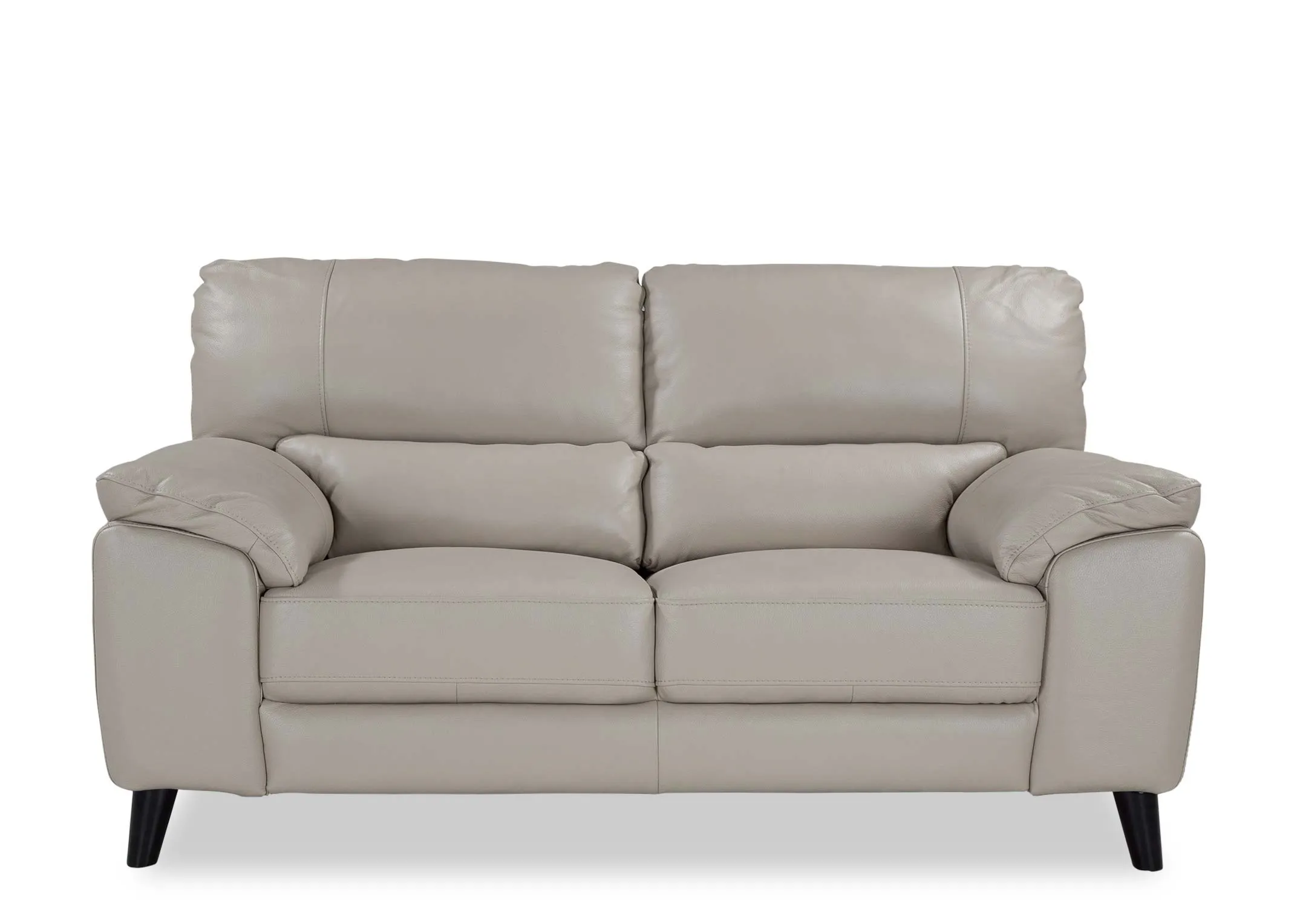 An angled shot of the Alfredo 2 seater light grey leather sofa.