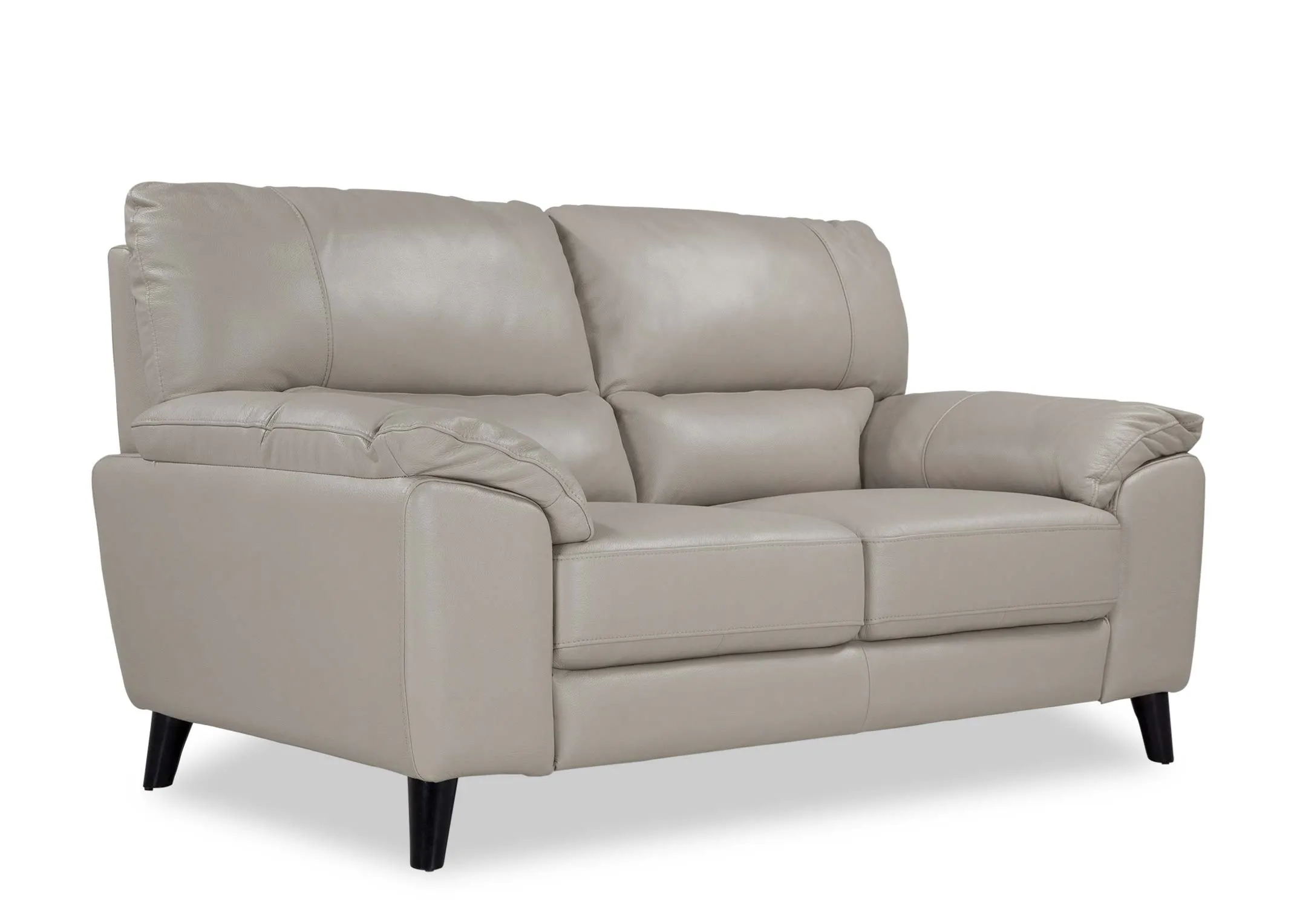 A side view of the Alfredo 2 seater light grey leather sofa.