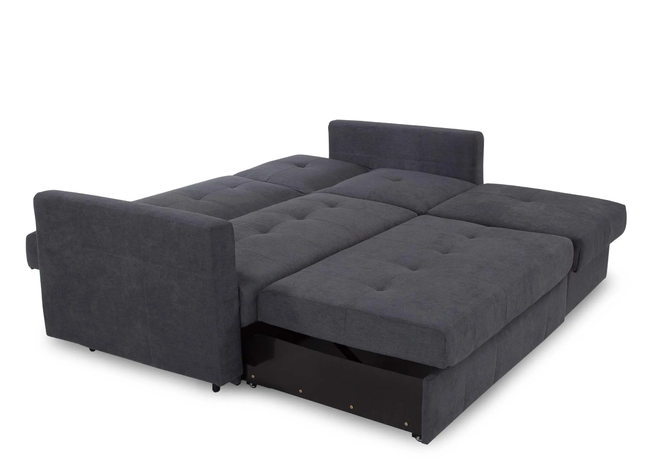An angle image of the Dalkey grey fabric 3 seater with the legs extended.