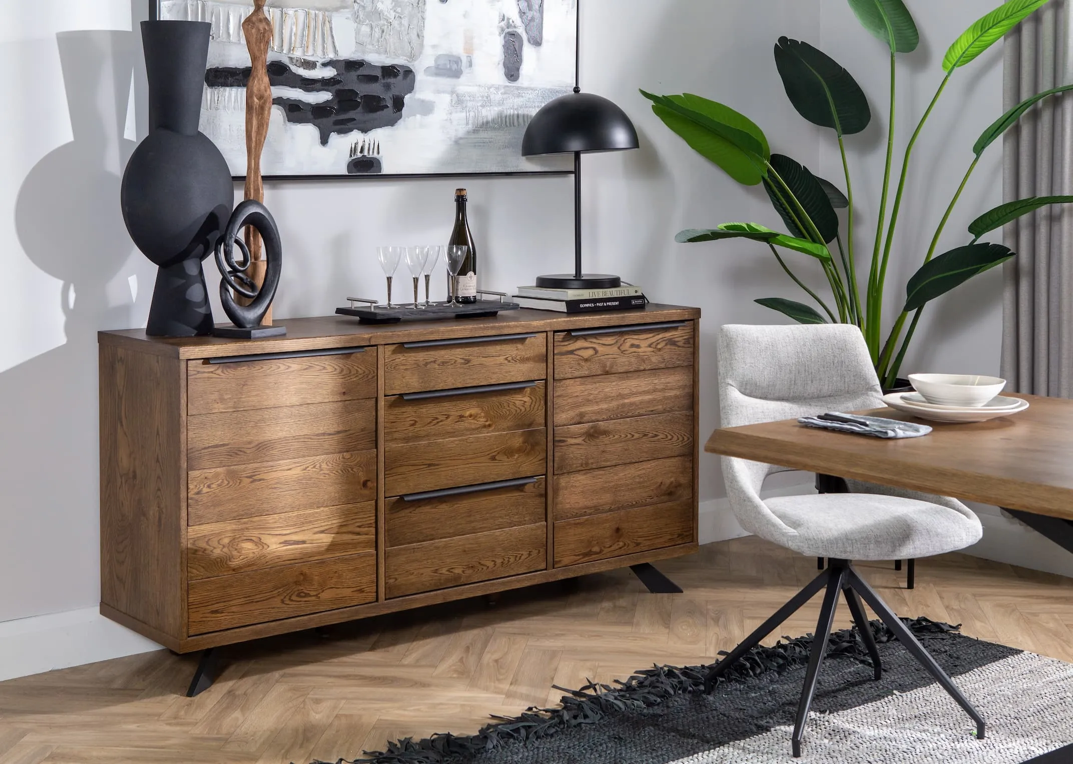2 Door and 3 Drawer Smoked Oak Sideboard - Arno