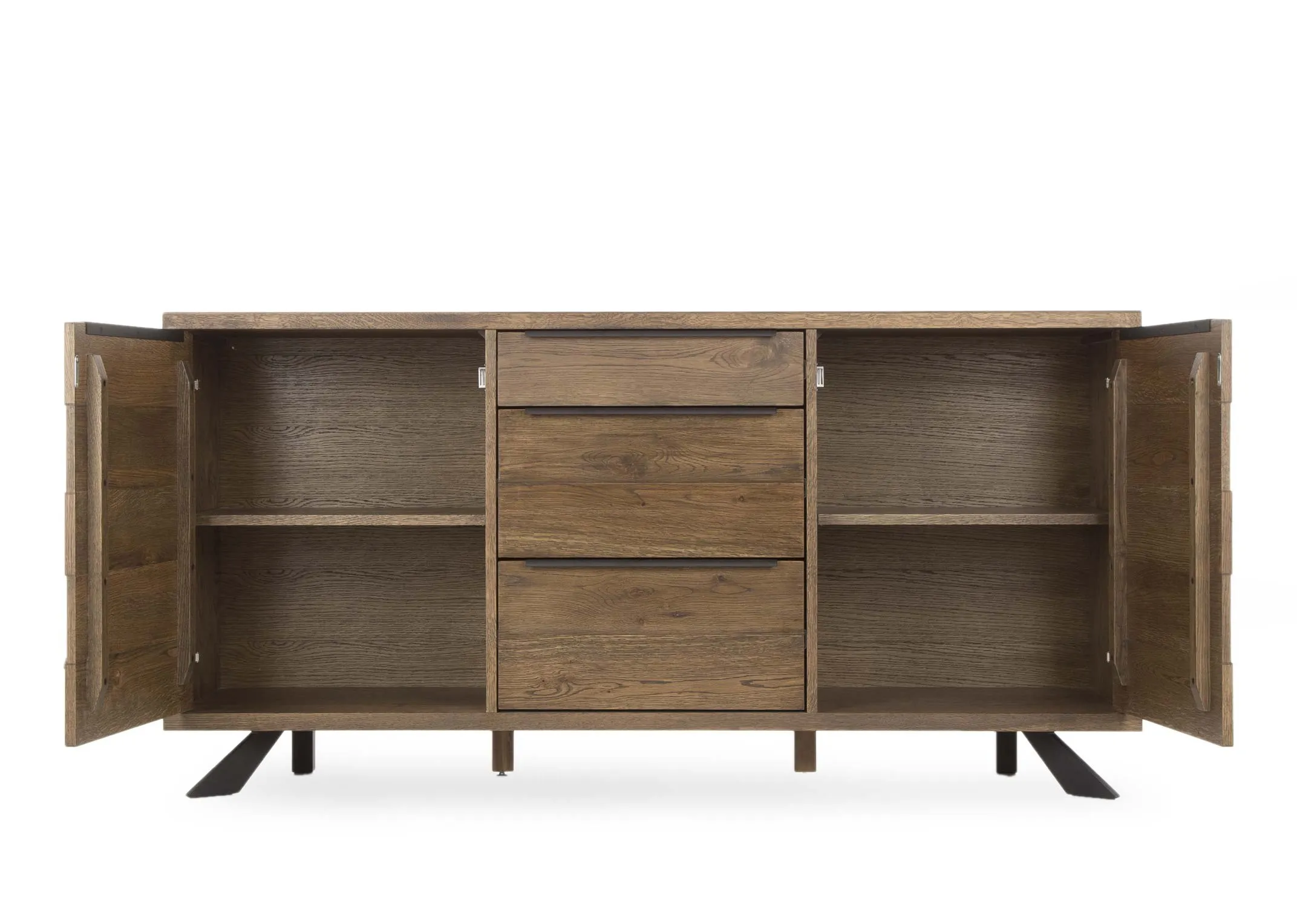 2 Door and 3 Drawer White Wild Oak Arno Sideboard in a closeup image with the doors open