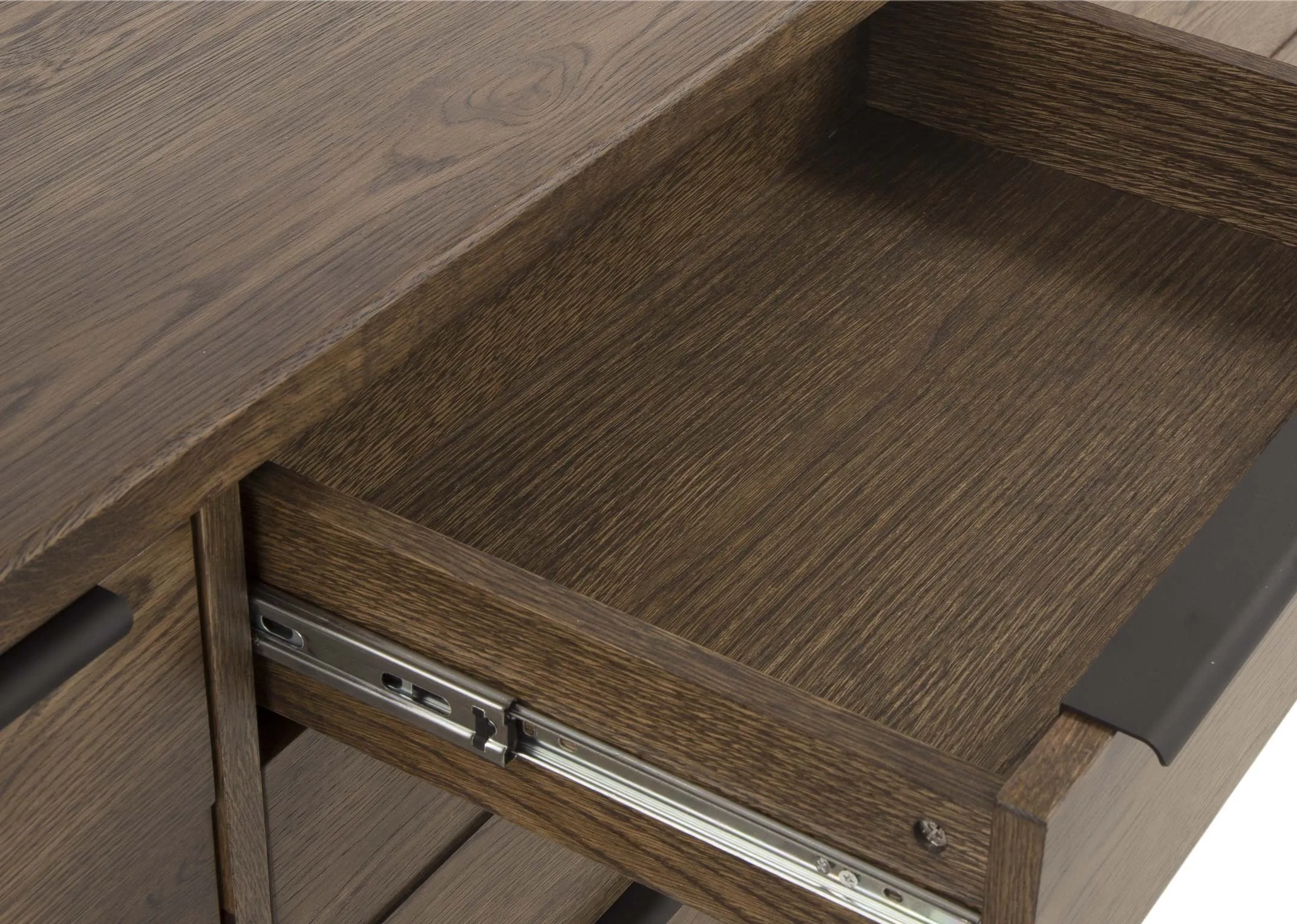 2 Door and 3 Drawer White Wild Oak Arno Sideboard in a closeup image with the drawer open