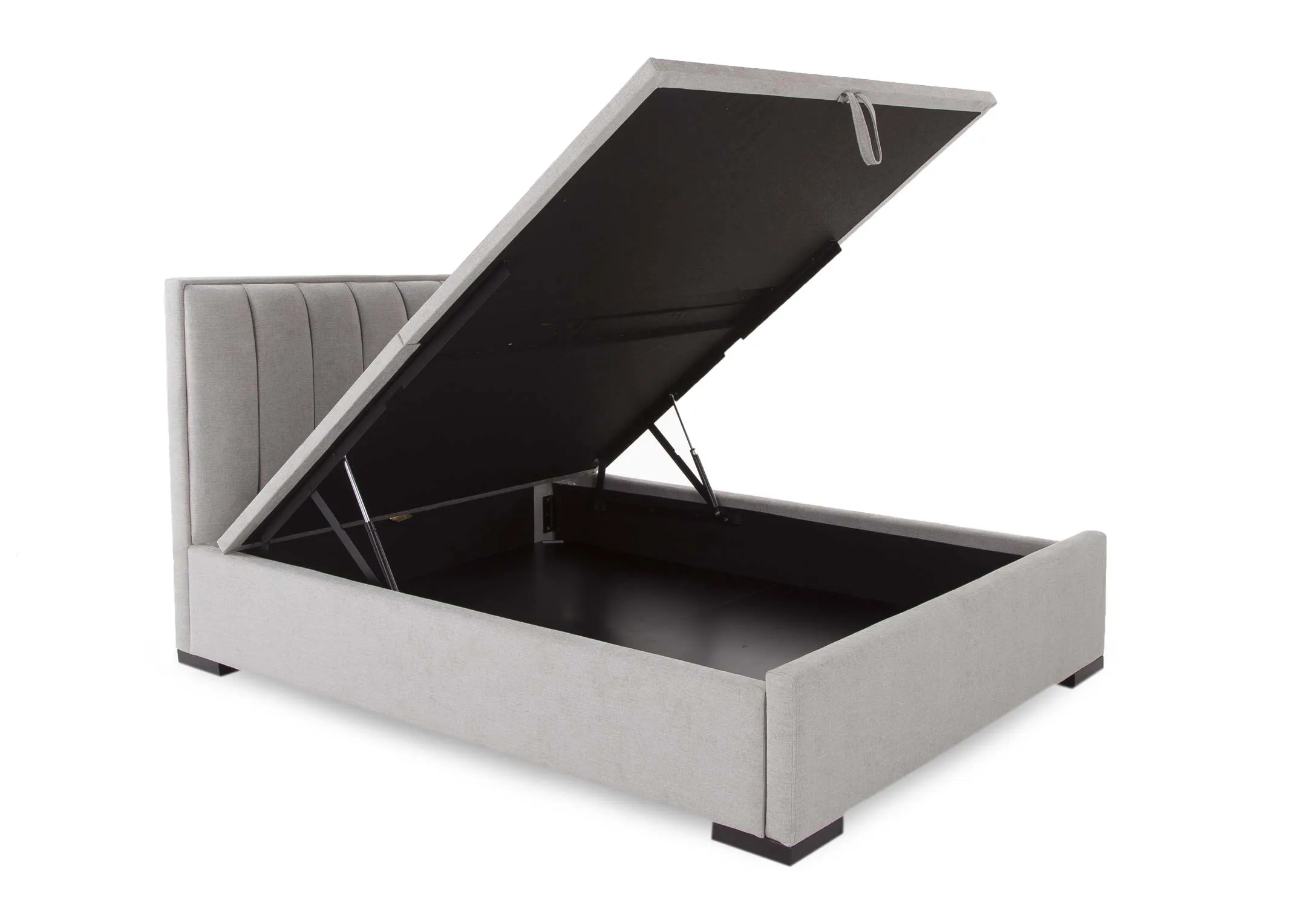A light grey fabric 4ft6 ottoman bed frame from EZ Living Furnitures Liberty range. End view shows headboard/solid base.