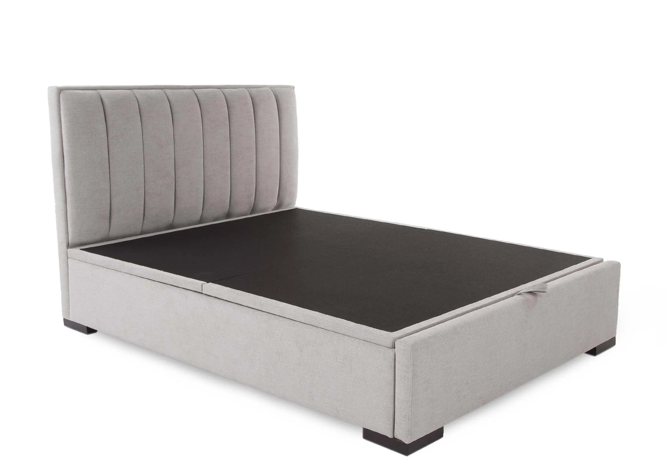 A light grey fabric 4ft6 ottoman bed frame with padded headboard from EZ Living Furnitures Liberty range. Angled view of ottoman