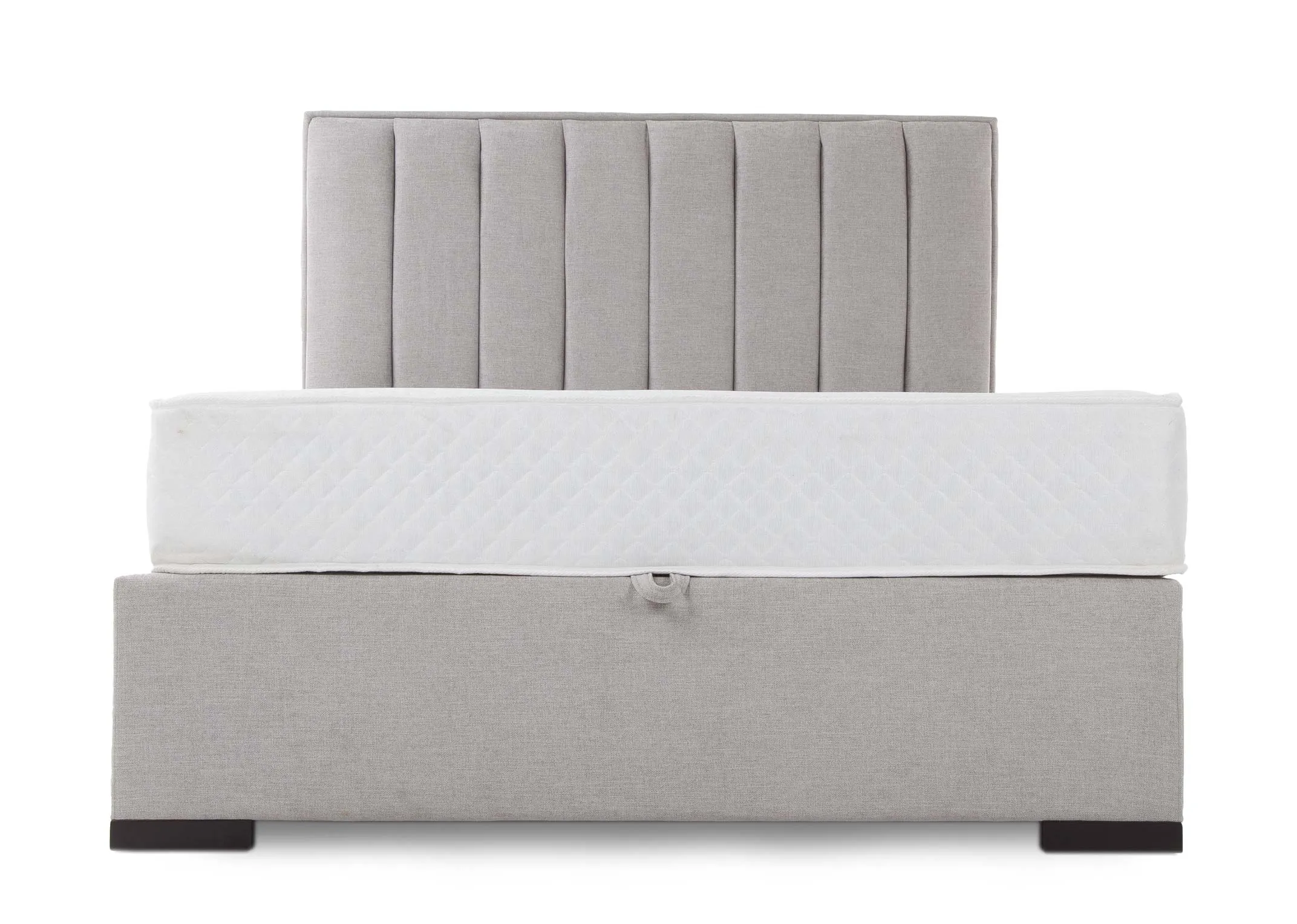 A light grey fabric 4ft6 ottoman bed frame from EZ Living Furniture's Liberty range. Angled view open base shows storage.