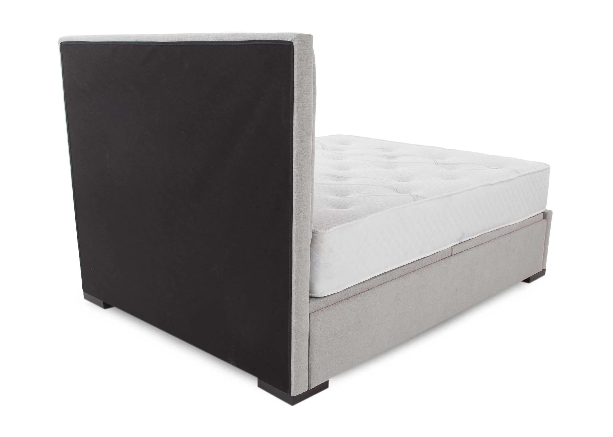 A light grey fabric 4ft6 ottoman bed frame from EZ Living Furniture's Liberty range. Side view of length with mattress