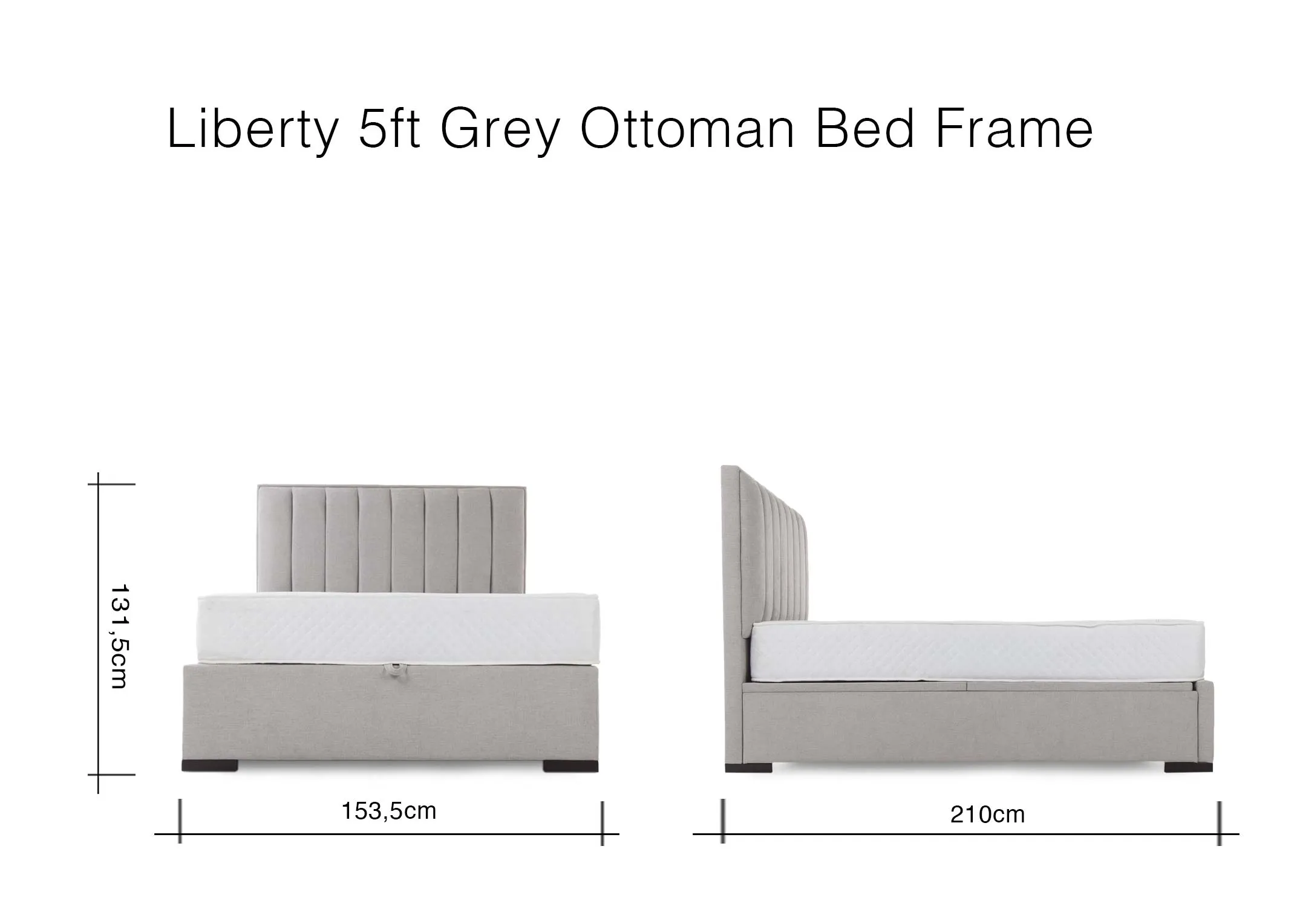 A dimension image for the Liberty Grey Ottoman 5ft Bed with 153.5cm (Width) x 210cm(Length) x 131.5cm (Height)