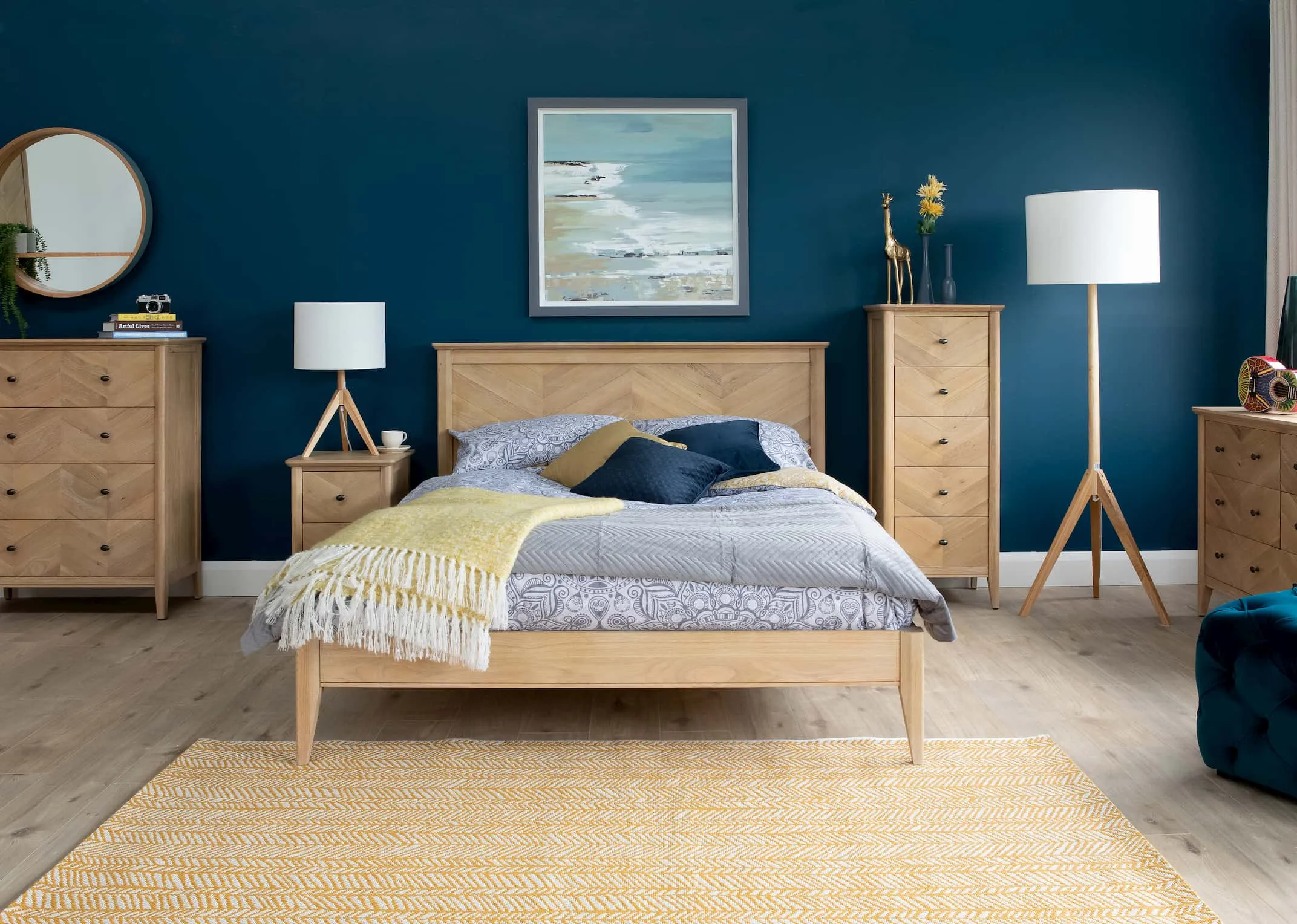 A lifestyle image of the Herringbone Bedroom range with the Akira Lamps