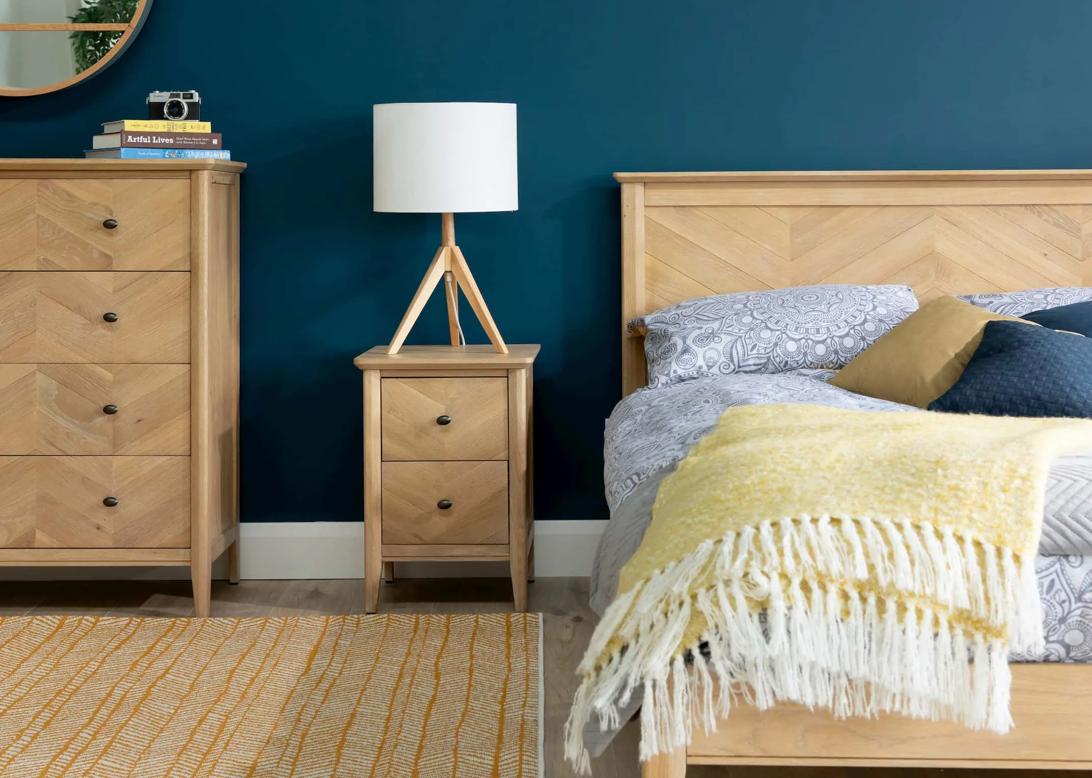 A lifegstyle image of the Herringbone Bedroom range including 2 drawer locker